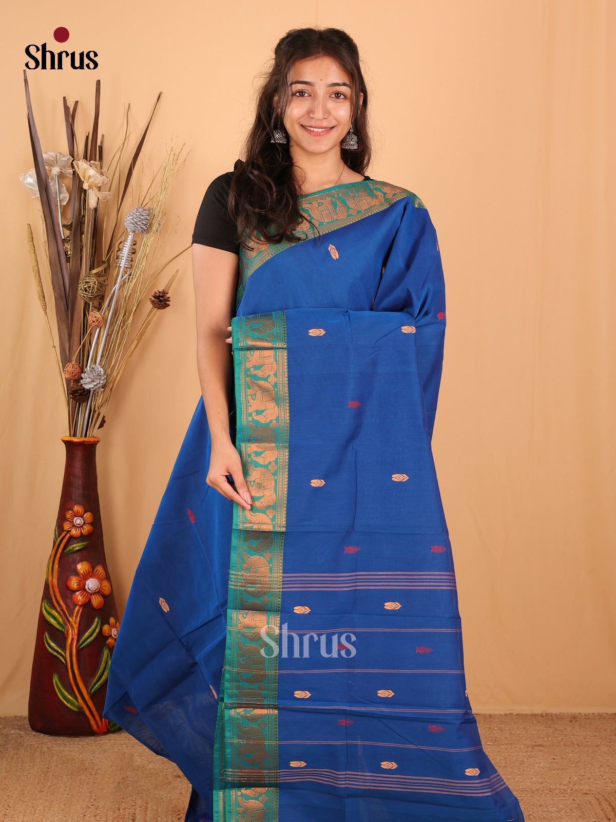 Blue & Green - Chettinad Mix Cotton Saree - Shop on Shrus.com