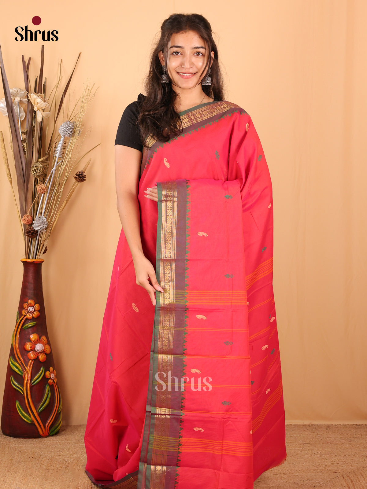 Reddish Pink & Green - Chettinad Mix Cotton Saree - Shop on Shrus.com