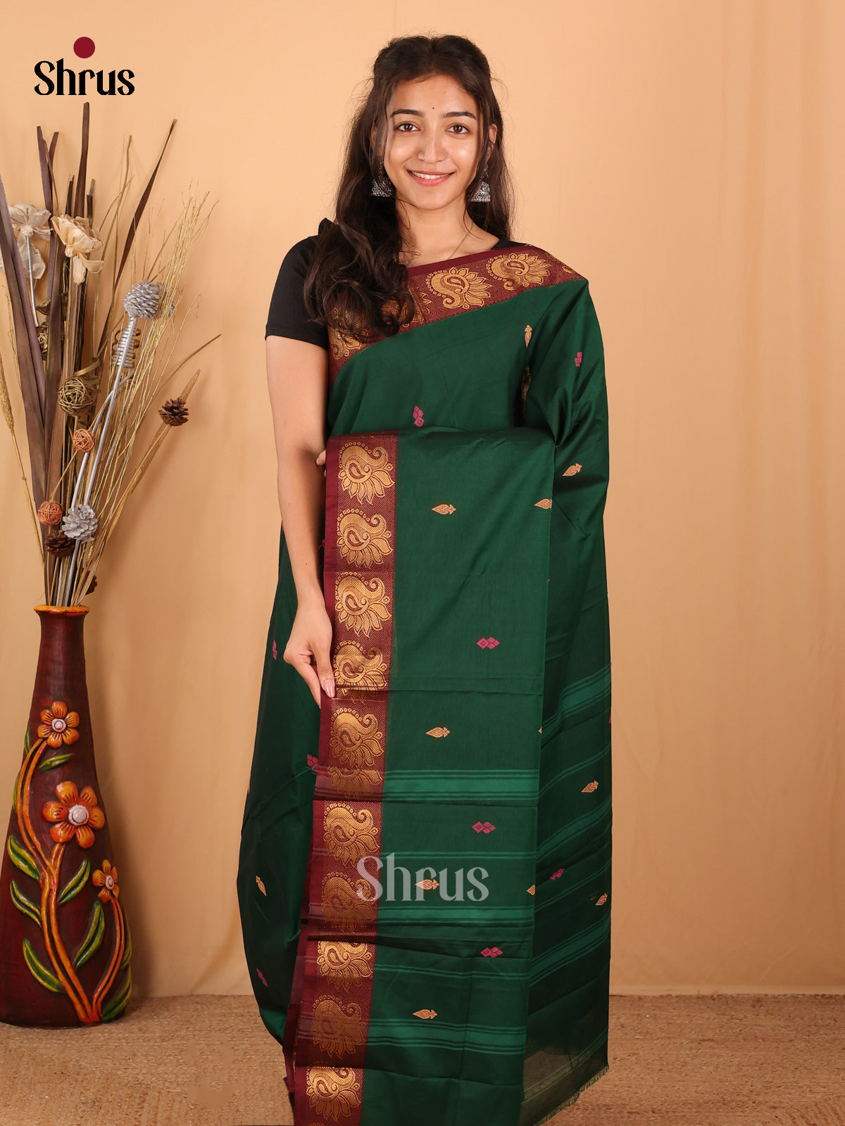 Green & Maroon- Chettinad Mix Cotton Saree - Shop on Shrus.com