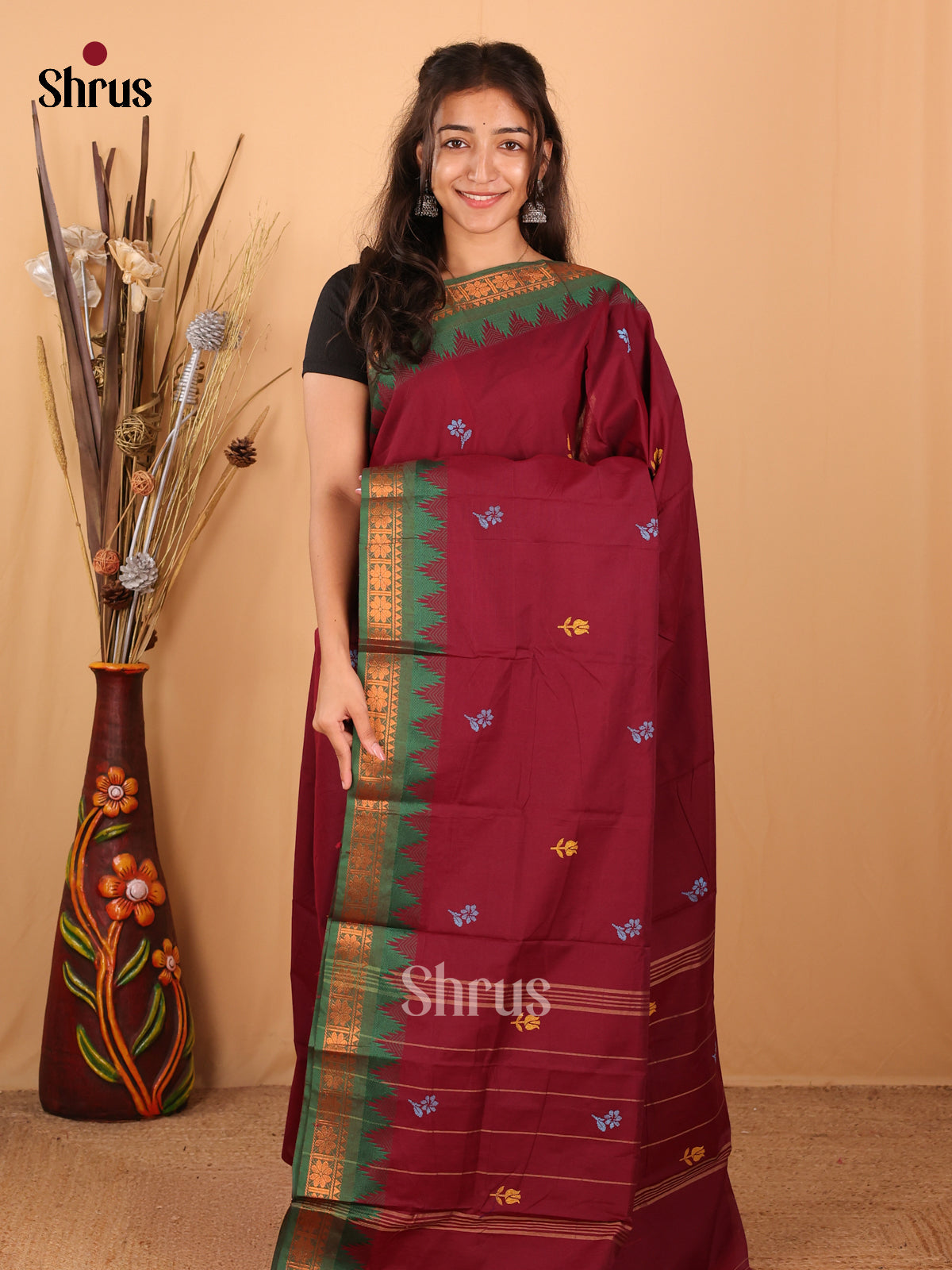 Maroon & Green- Chettinad Mix Cotton Saree - Shop on Shrus.com