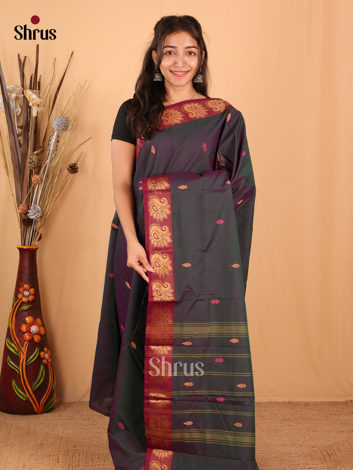 Double Shaded Greenish Purple & Maroon - Chettinad Mix Cotton Saree - Shop on Shrus.com
