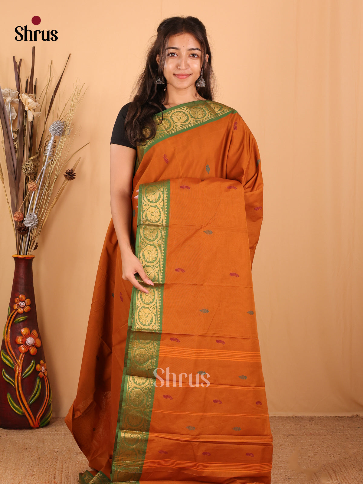 Dark Mustard & Green - Chettinad Mix Cotton Saree - Shop on Shrus.com