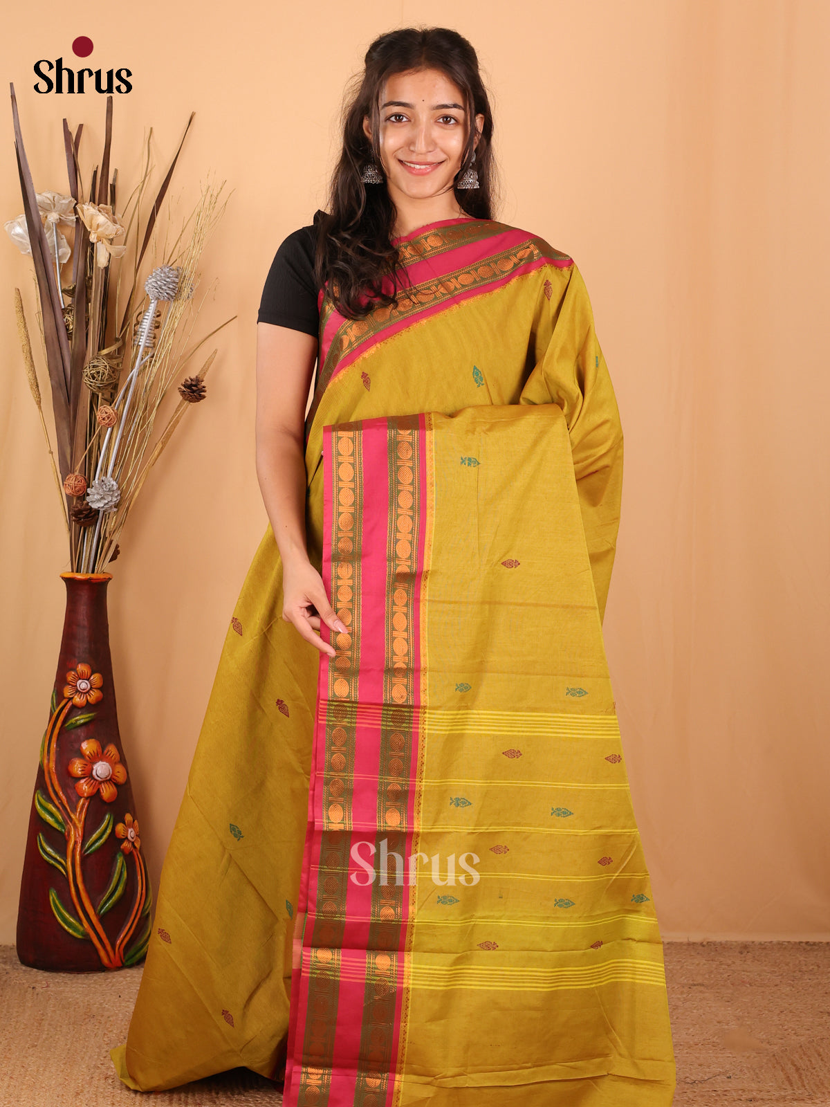 Mustardy Green & Pink - Chettinad Mix Cotton Saree - Shop on Shrus.com