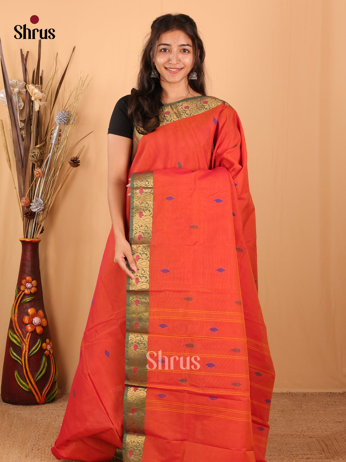 Orange & Green - Chettinad Mix Cotton Saree - Shop on Shrus.com