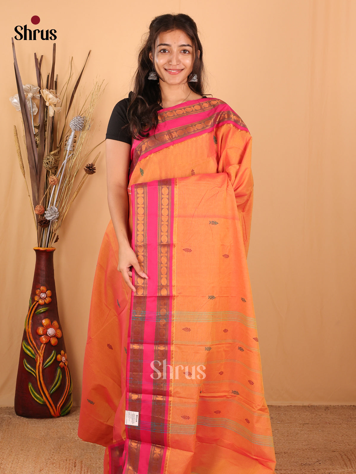 Orange & Pink - Chettinad Mix Cotton Saree - Shop on Shrus.com