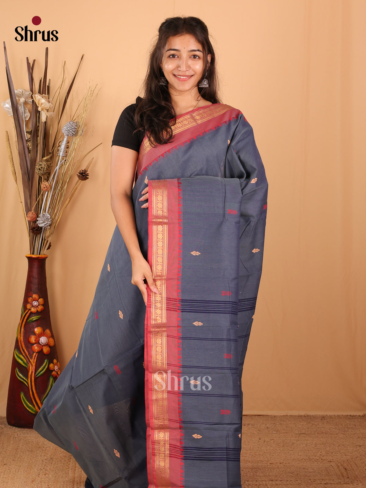 Grey & Red - Chettinad Mix Cotton Saree - Shop on Shrus.com