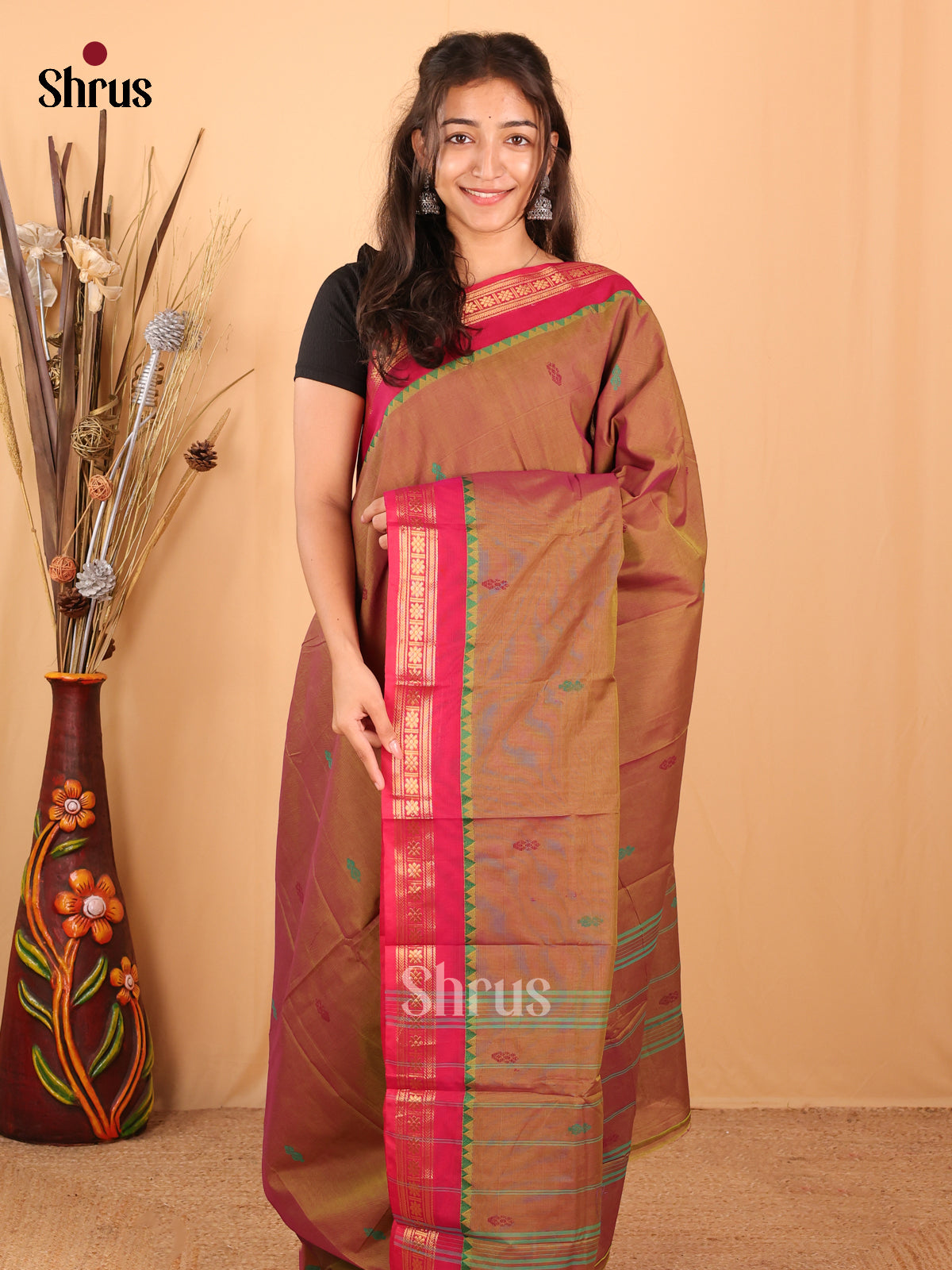 Double Shaded Brownish Red & Red - Chettinad Mix Cotton Saree - Shop on Shrus.com