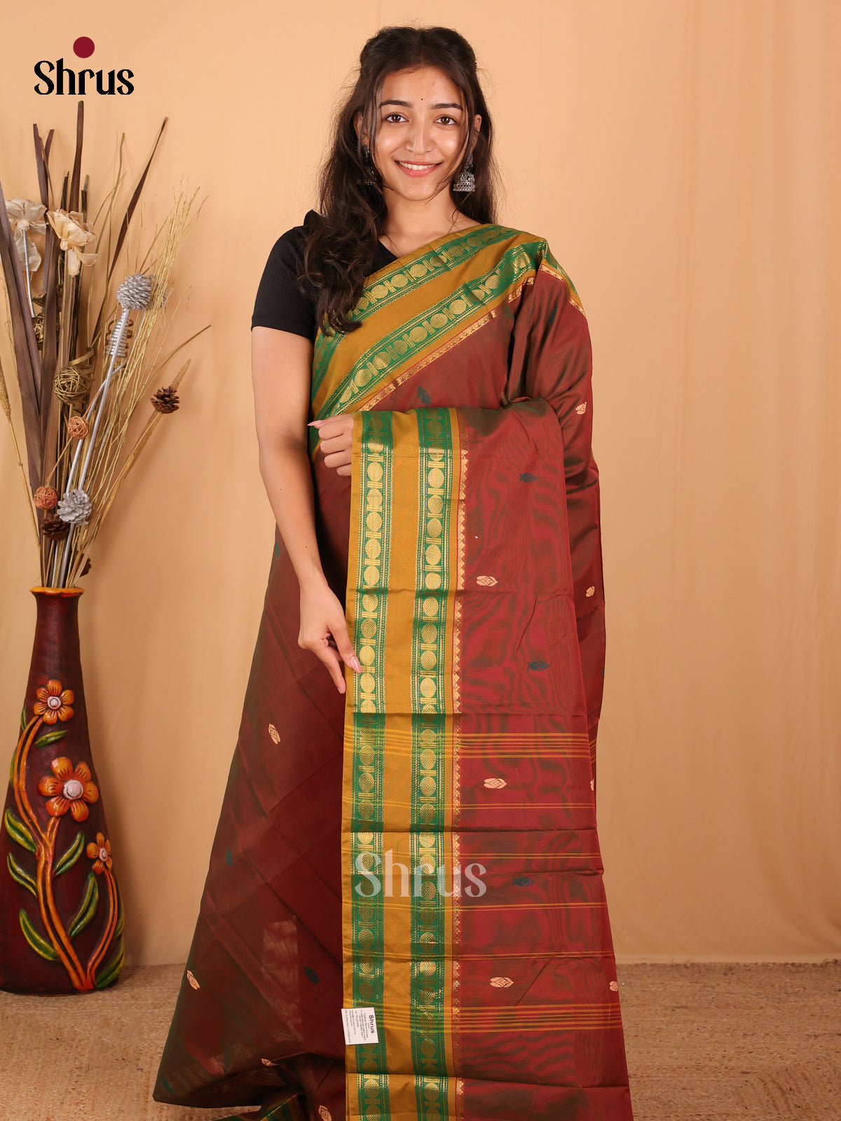 Brown & Mustard - Chettinad Mix Cotton Saree - Shop on Shrus.com