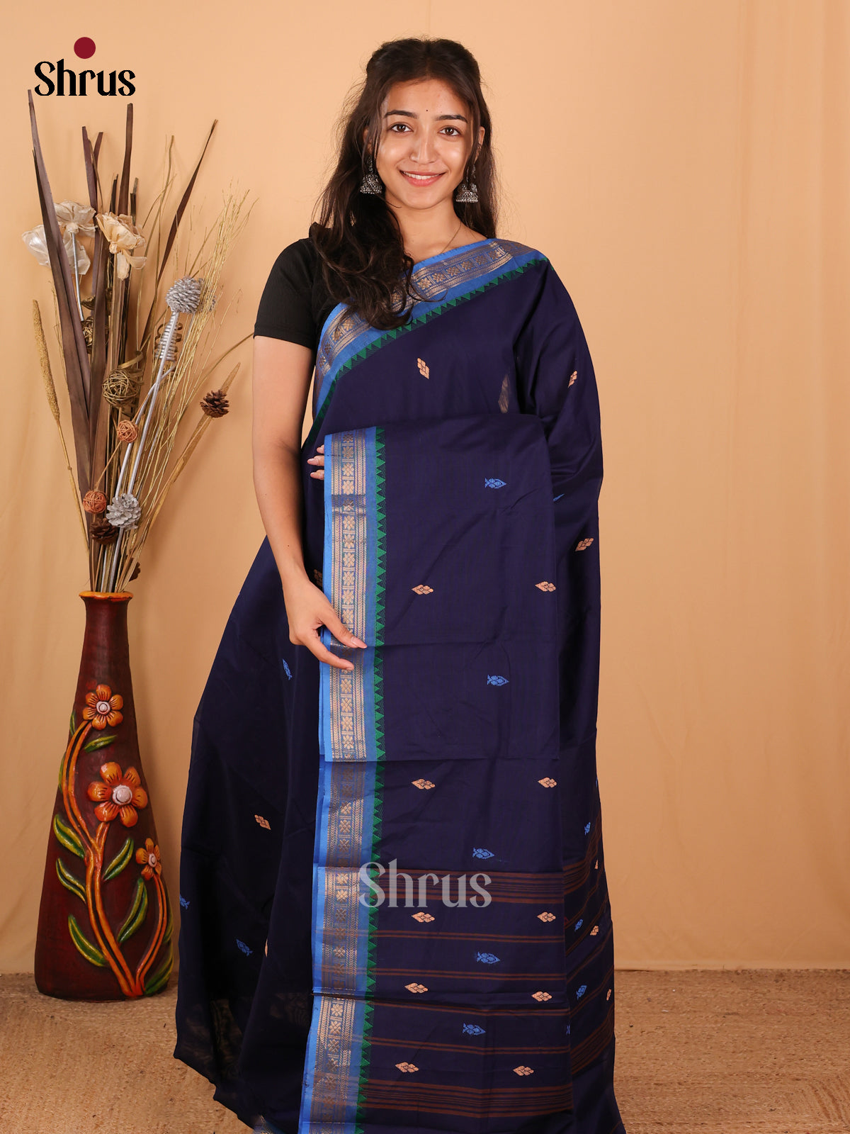 Navy Blue & Blue - Chettinad Mix Cotton Saree - Shop on Shrus.com