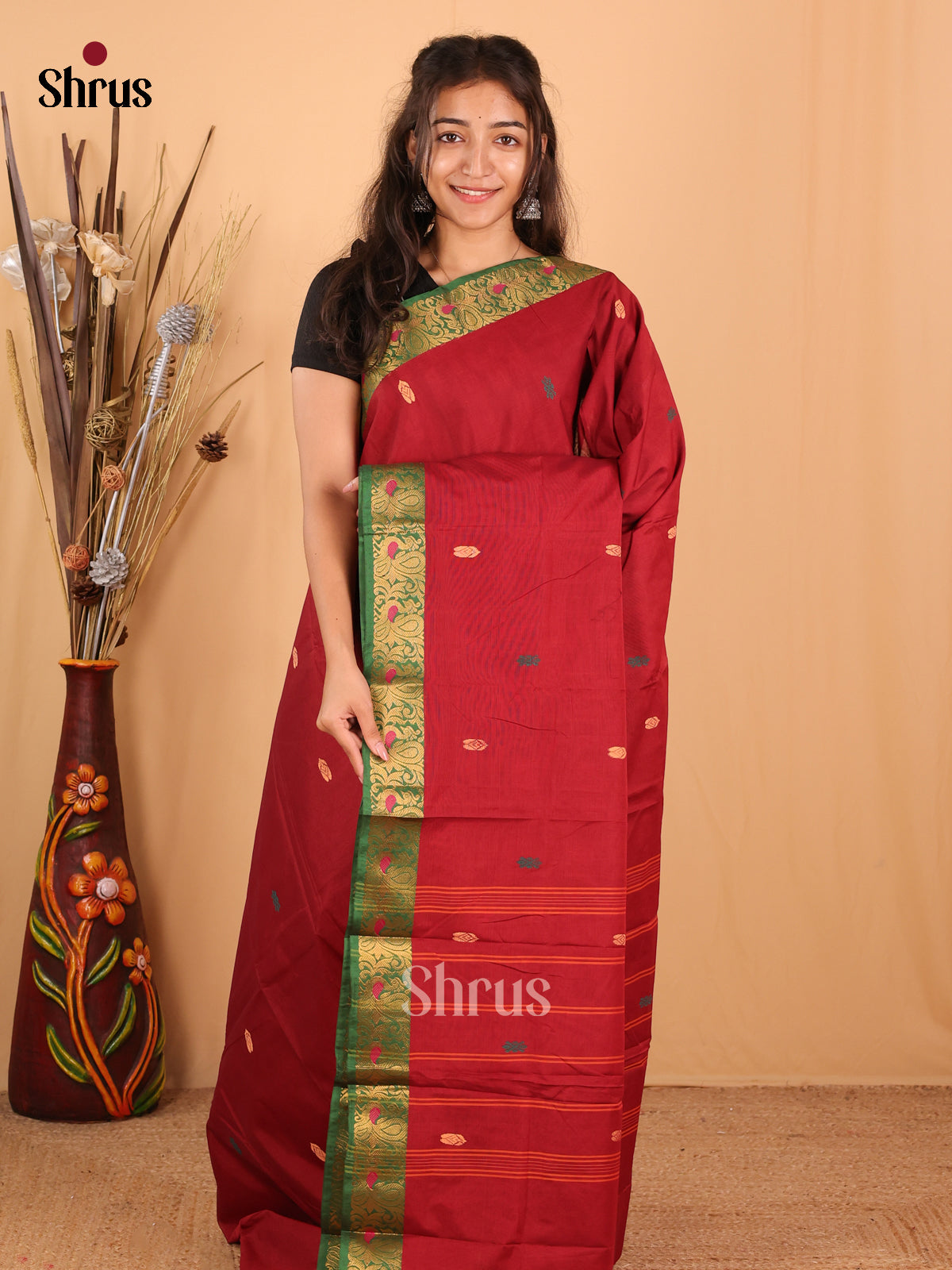 Red & Green - Chettinad Mix Cotton Saree - Shop on Shrus.com
