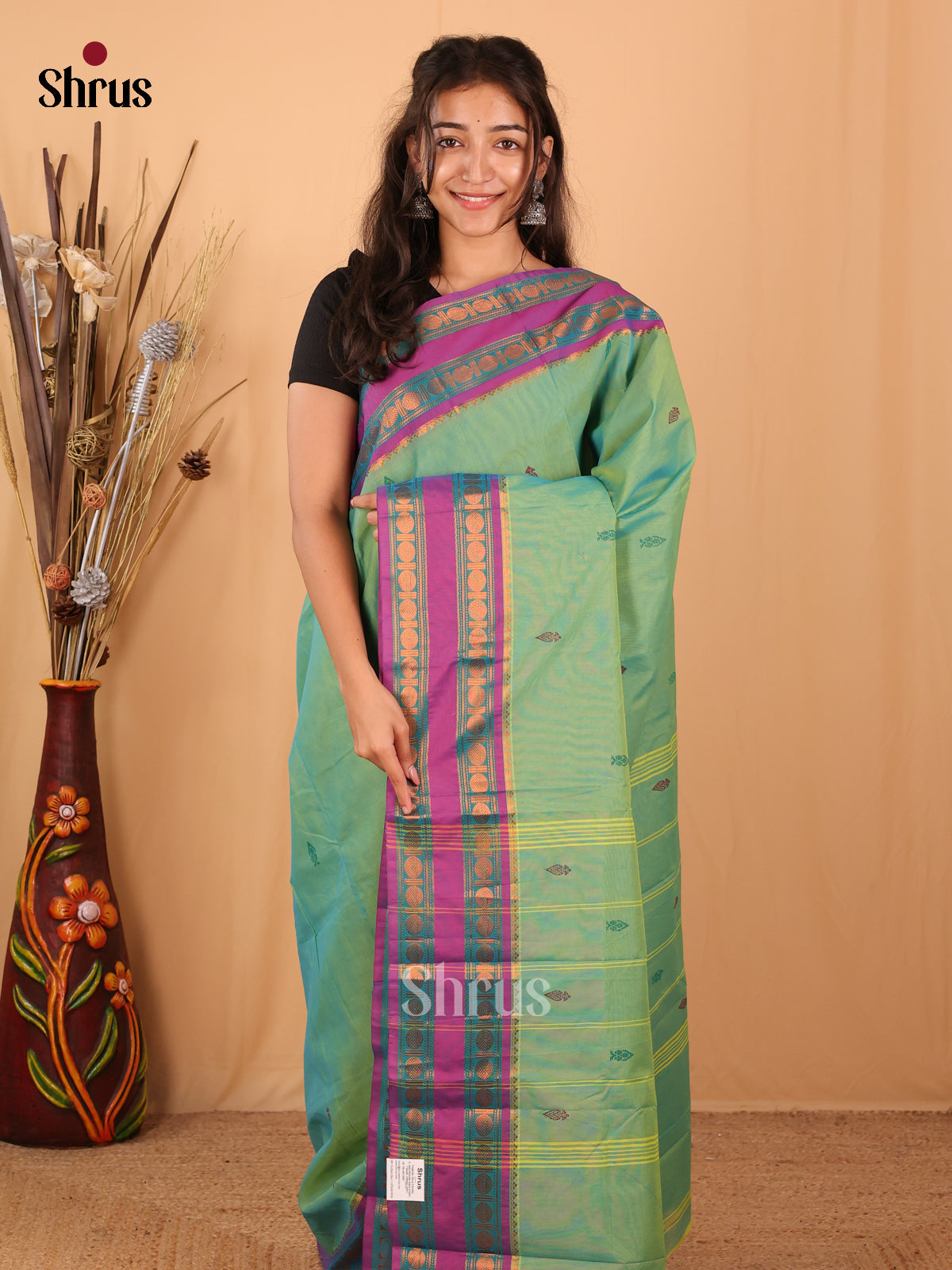 Pastel Green & Purple - Chettinad Mix Cotton Saree - Shop on Shrus.com