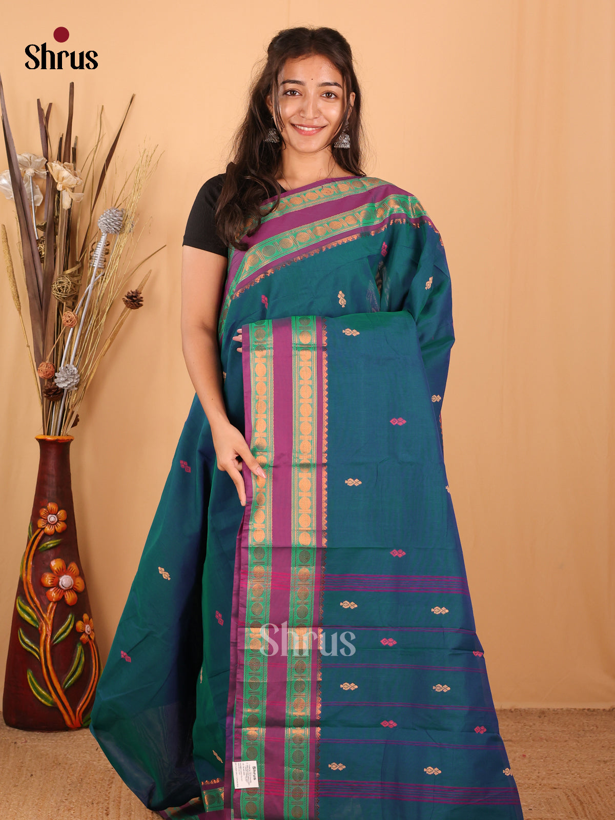 Peacock Green & Purple - Chettinad Mix Cotton Saree - Shop on Shrus.com