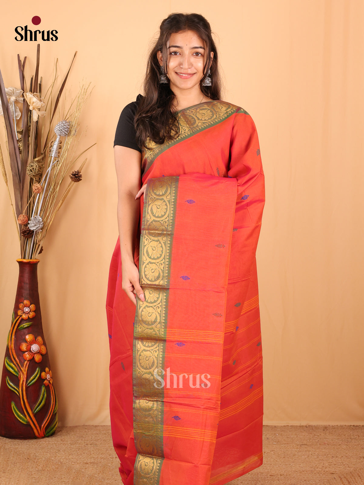 Orange & Green - Chettinad Mix Cotton Saree - Shop on Shrus.com