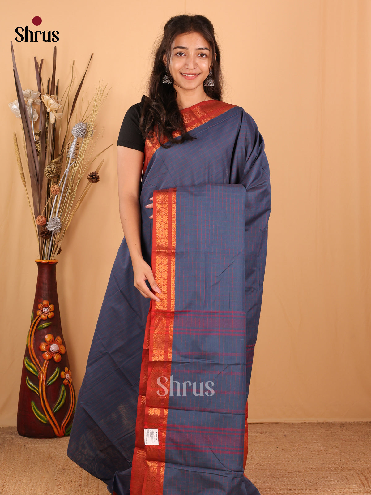 Greyish Blue & Red - Chettinad Mix Cotton Saree - Shop on Shrus.com