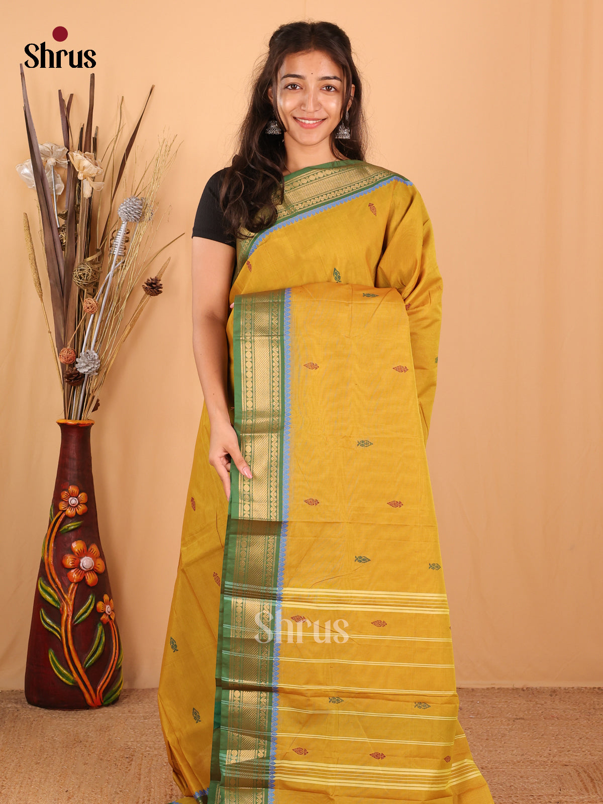 Mustardy Green & Green - Chettinad Mix Cotton Saree - Shop on Shrus.com