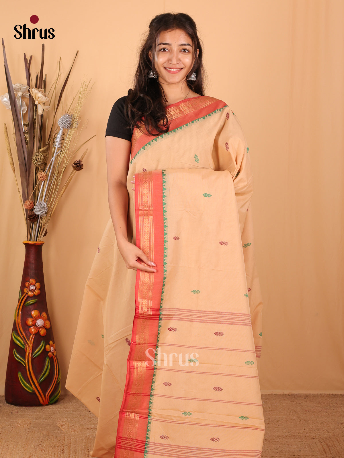 Cream & Red - Chettinad Mix Cotton Saree - Shop on Shrus.com