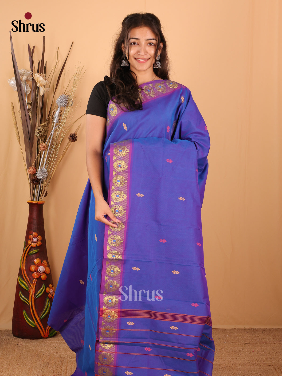Blue & Purple - Chettinad Mix Cotton Saree - Shop on Shrus.com