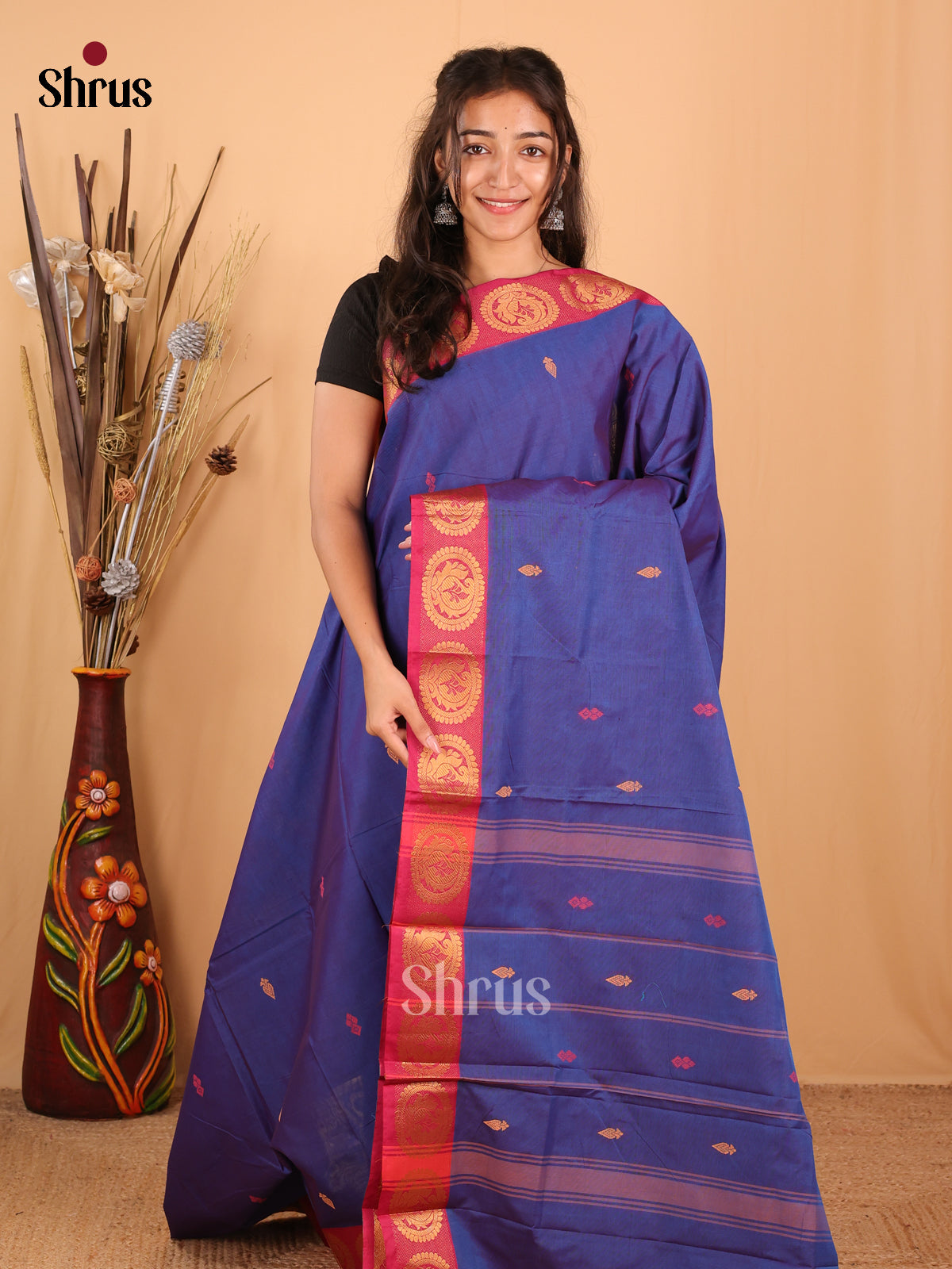Blue & Maroon - Chettinad Mix Cotton Saree - Shop on Shrus.com