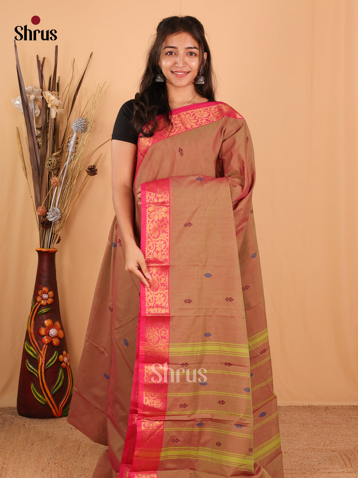 Double Shaded Brown & Pink - Chettinad Mix Cotton Saree - Shop on Shrus.com