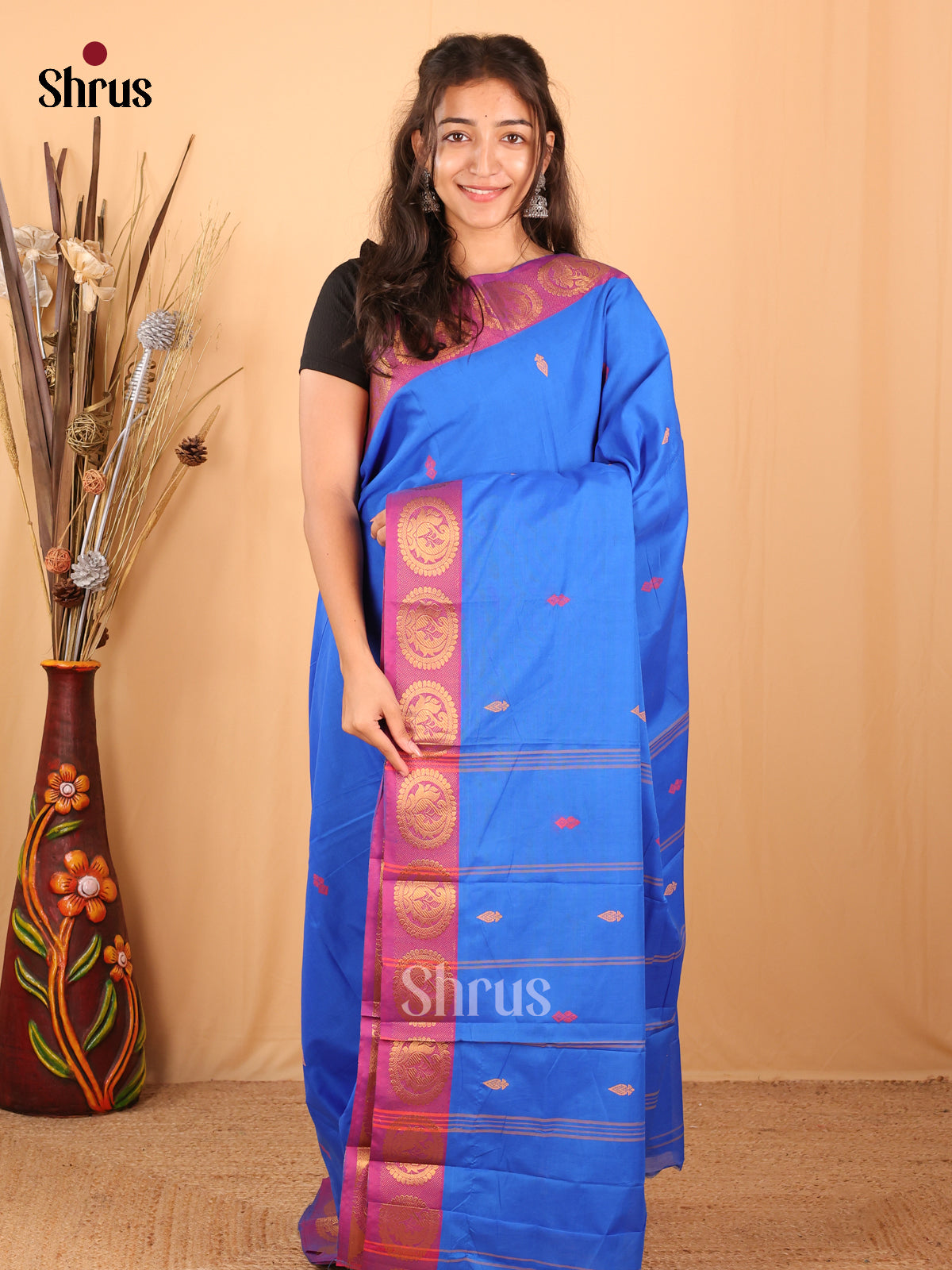 Blue & Purple - Chettinad Mix Cotton Saree - Shop on Shrus.com