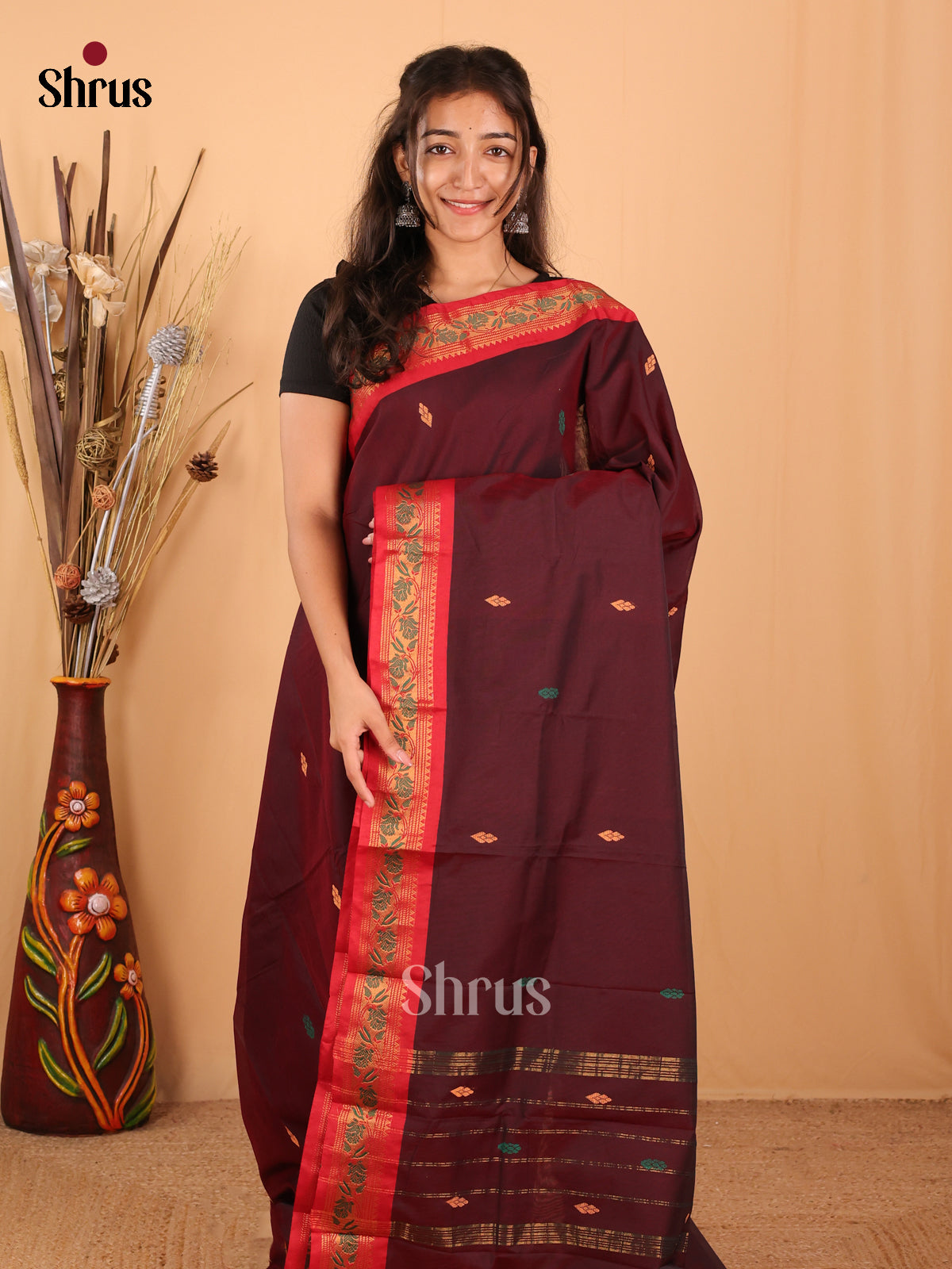 Brown & Red - Chettinad Mix Cotton Saree - Shop on Shrus.com