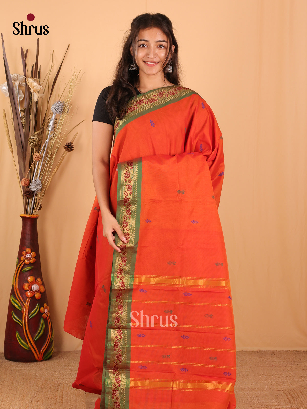 Orange & Green - Chettinad Mix Cotton Saree - Shop on Shrus.com