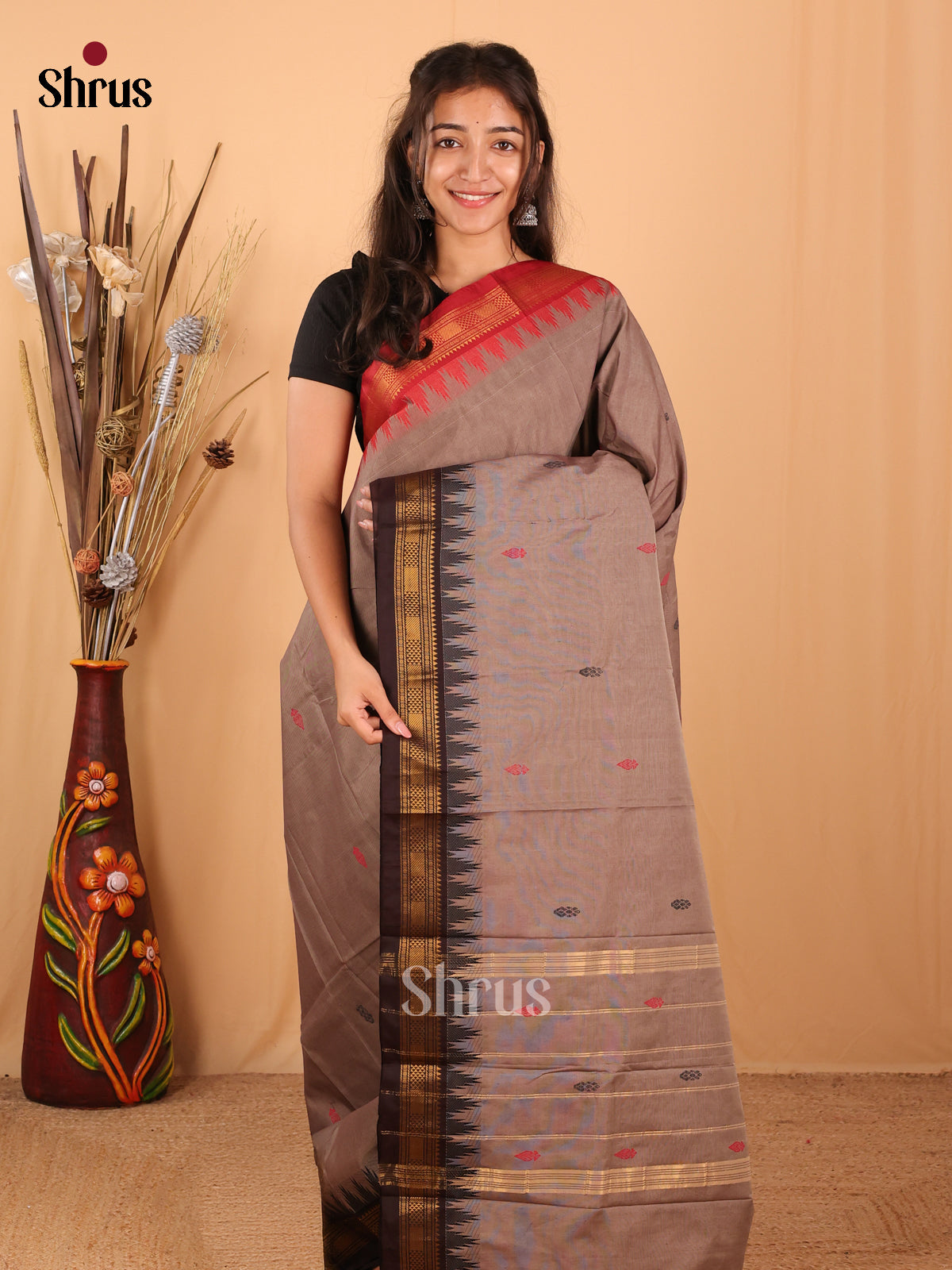 Grey & Black - Chettinad Mix Cotton Saree - Shop on Shrus.com