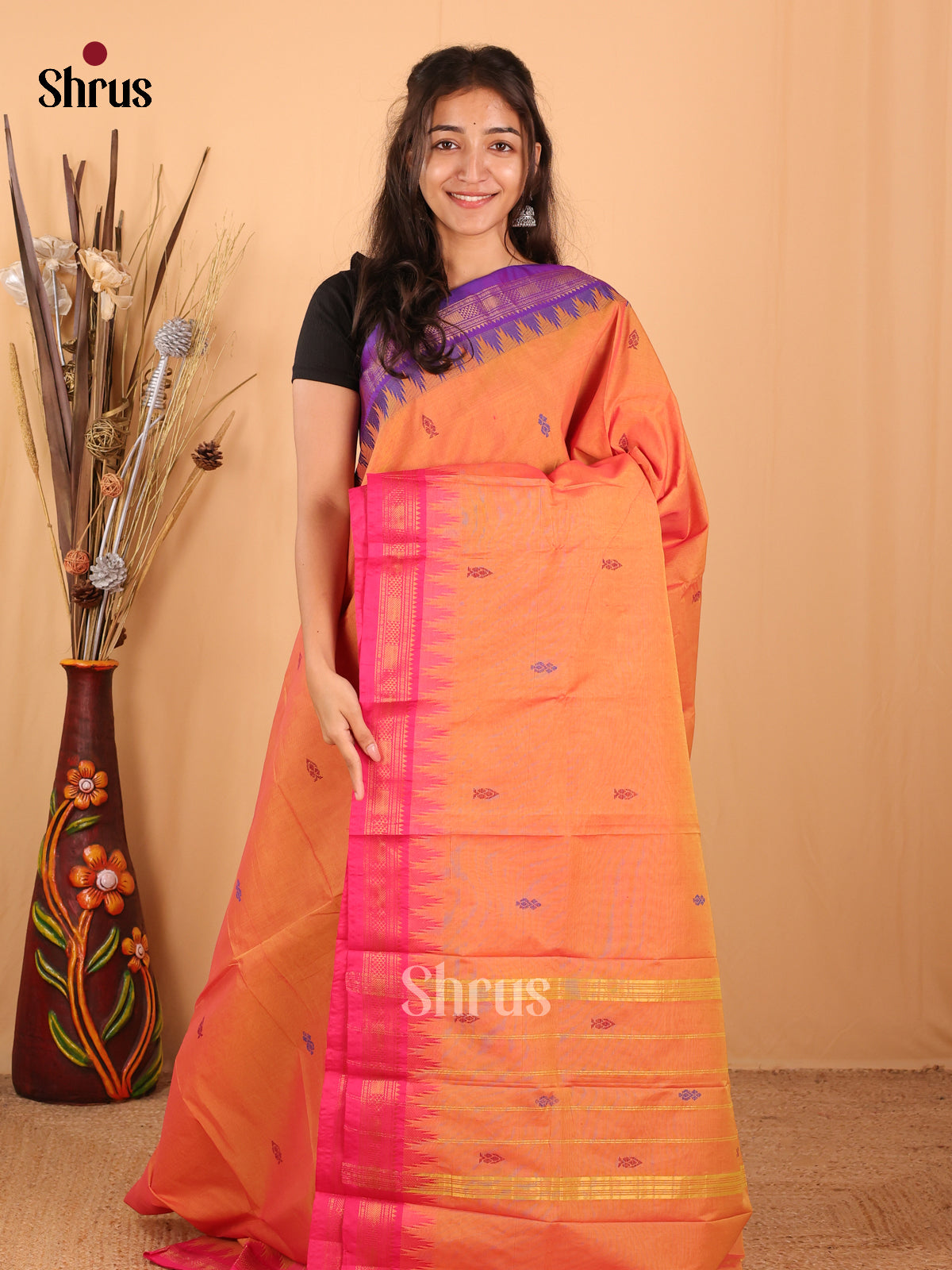 Orange & Pink- Chettinad Mix Cotton Saree - Shop on Shrus.com