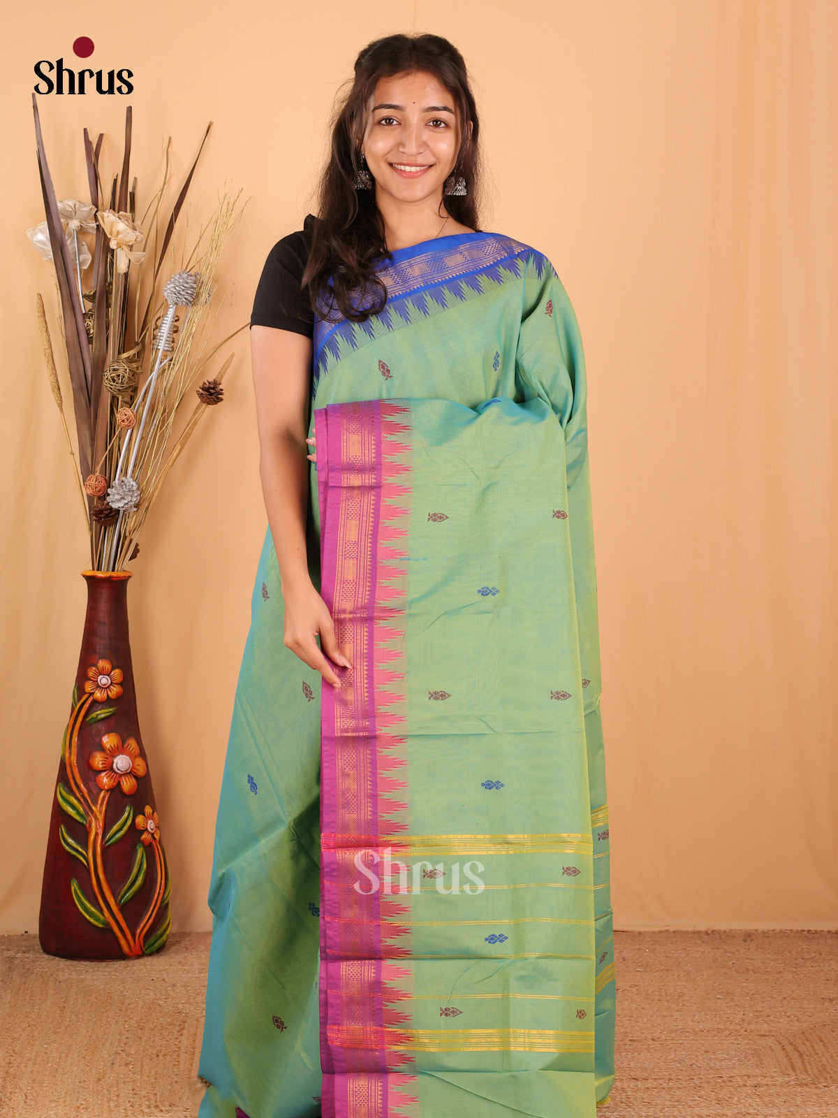 Pastel Green & Purple - Chettinad Mix Cotton Saree - Shop on Shrus.com