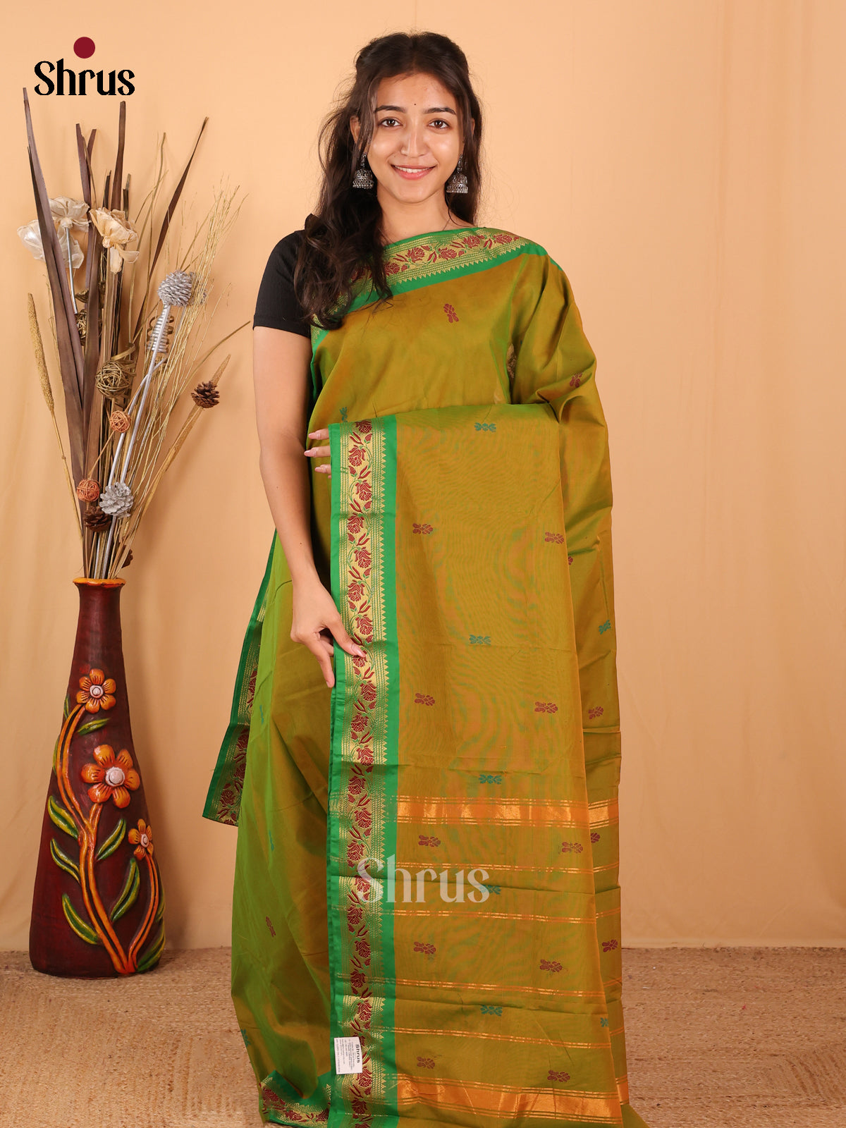 Double Shaded Mehandi & Green - Chettinad Mix Cotton Saree - Shop on Shrus.com