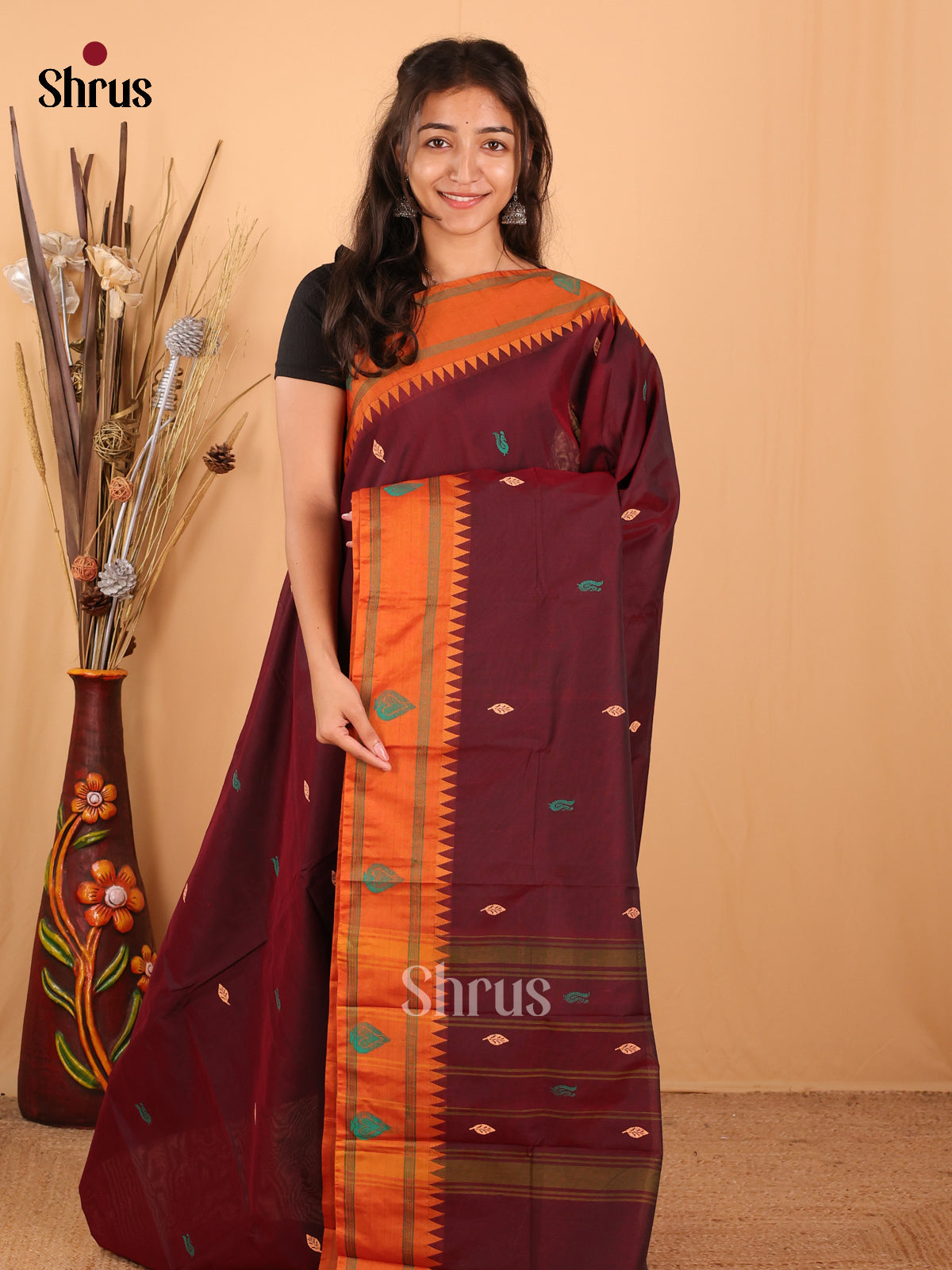 Brown & Orange - Chettinad Mix Cotton Saree - Shop on Shrus.com