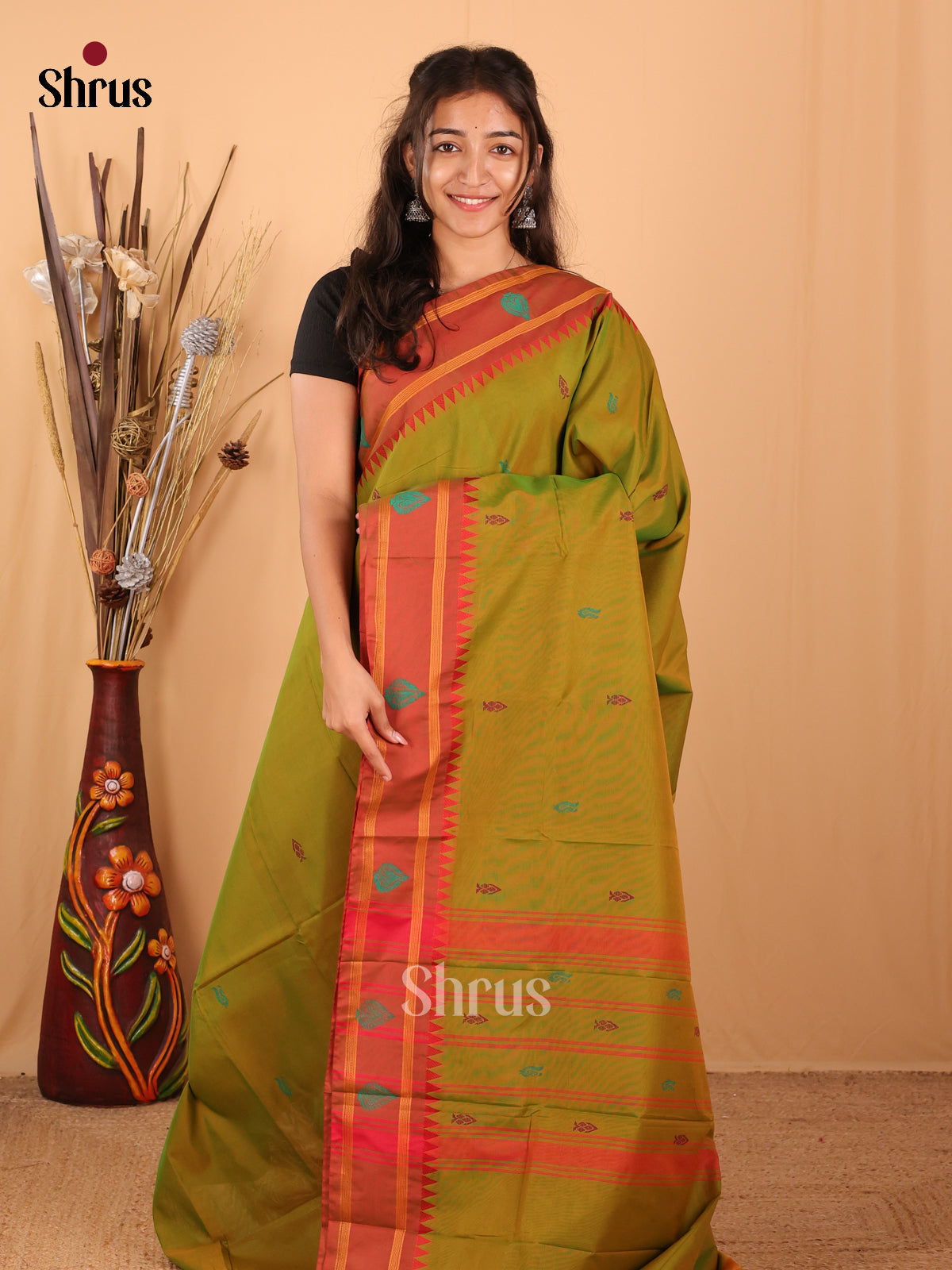 Green & Orange - Chettinad Mix Cotton Saree - Shop on Shrus.com