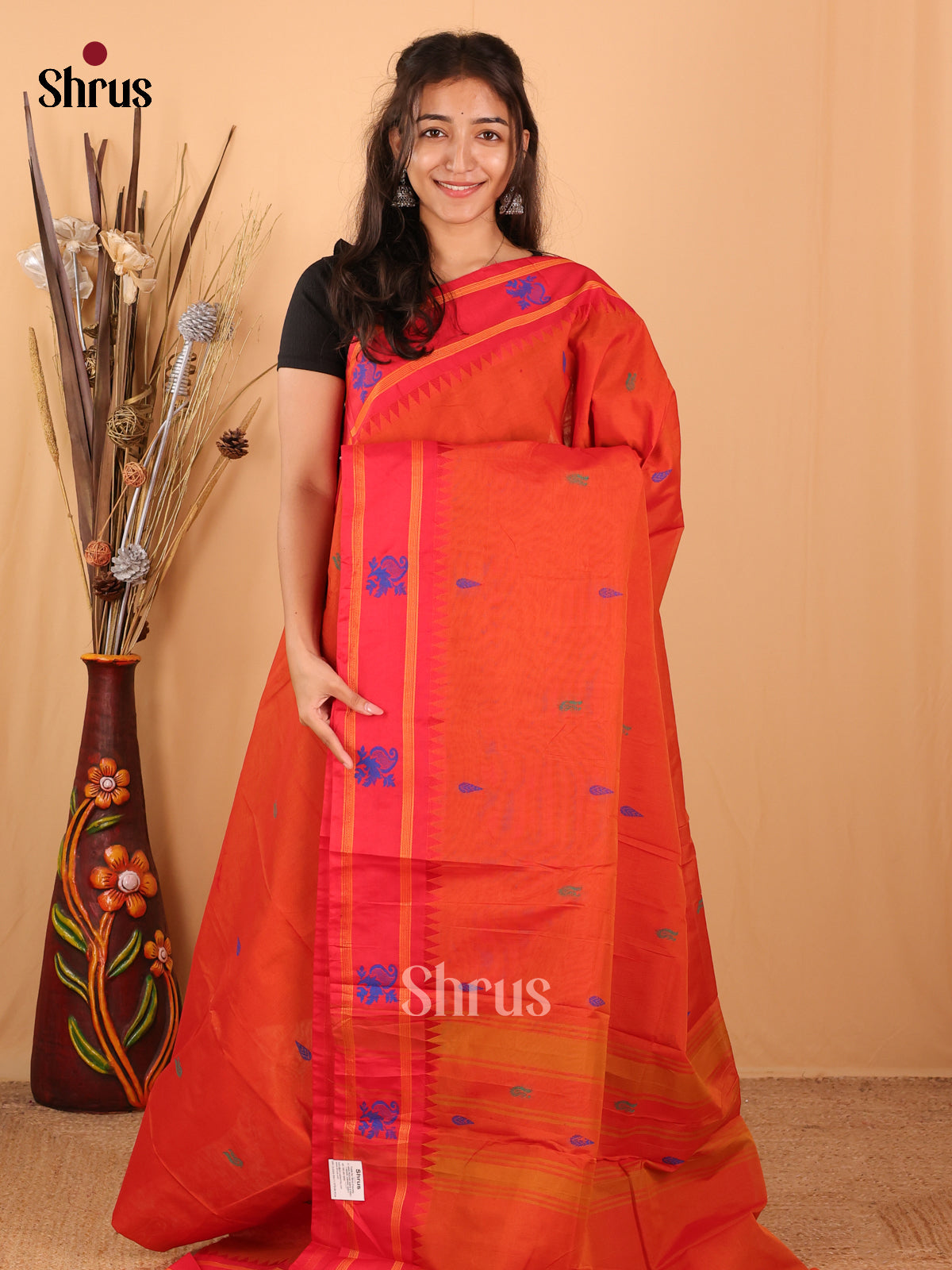 Orange & Red - Chettinad Mix Cotton Saree - Shop on Shrus.com