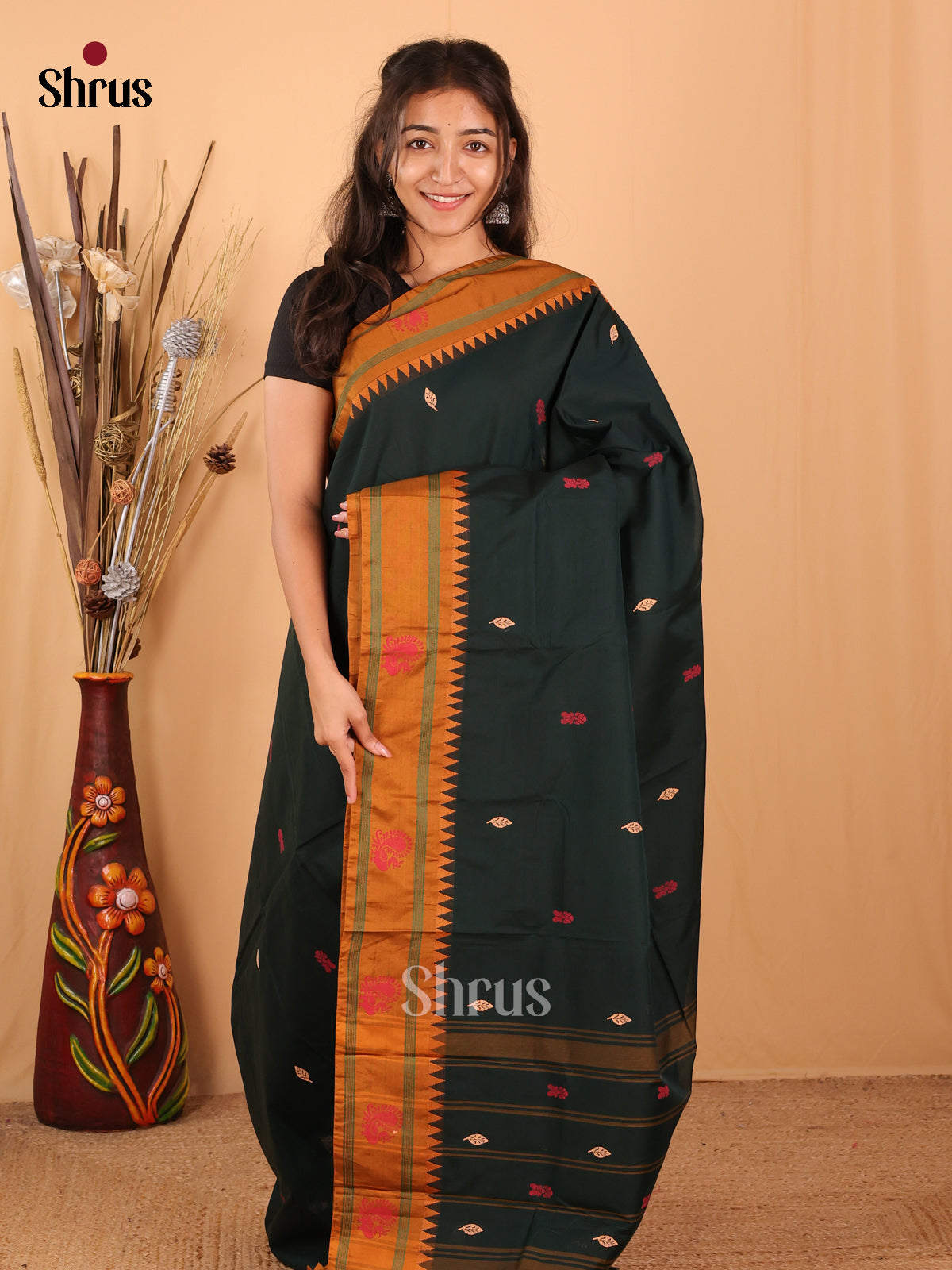 Dark Green & Mustard - Chettinad Mix Cotton Saree - Shop on Shrus.com