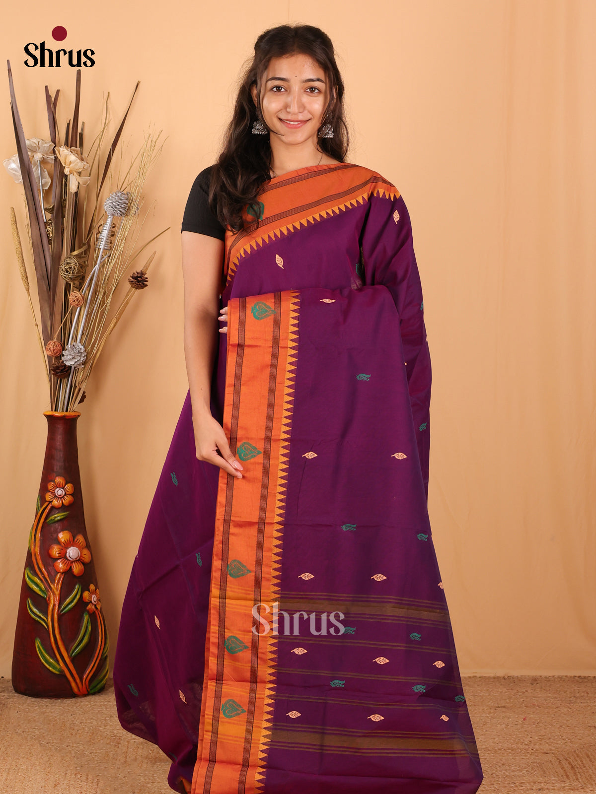 Violet & Orange - Chettinad Mix Cotton Saree - Shop on Shrus.com