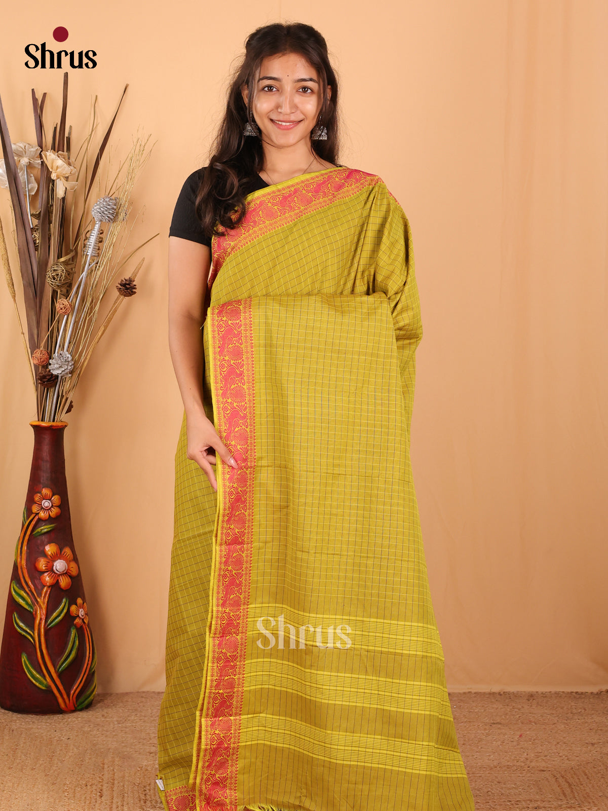 Lime Green - Chettinad Mix Cotton Saree - Shop on Shrus.com