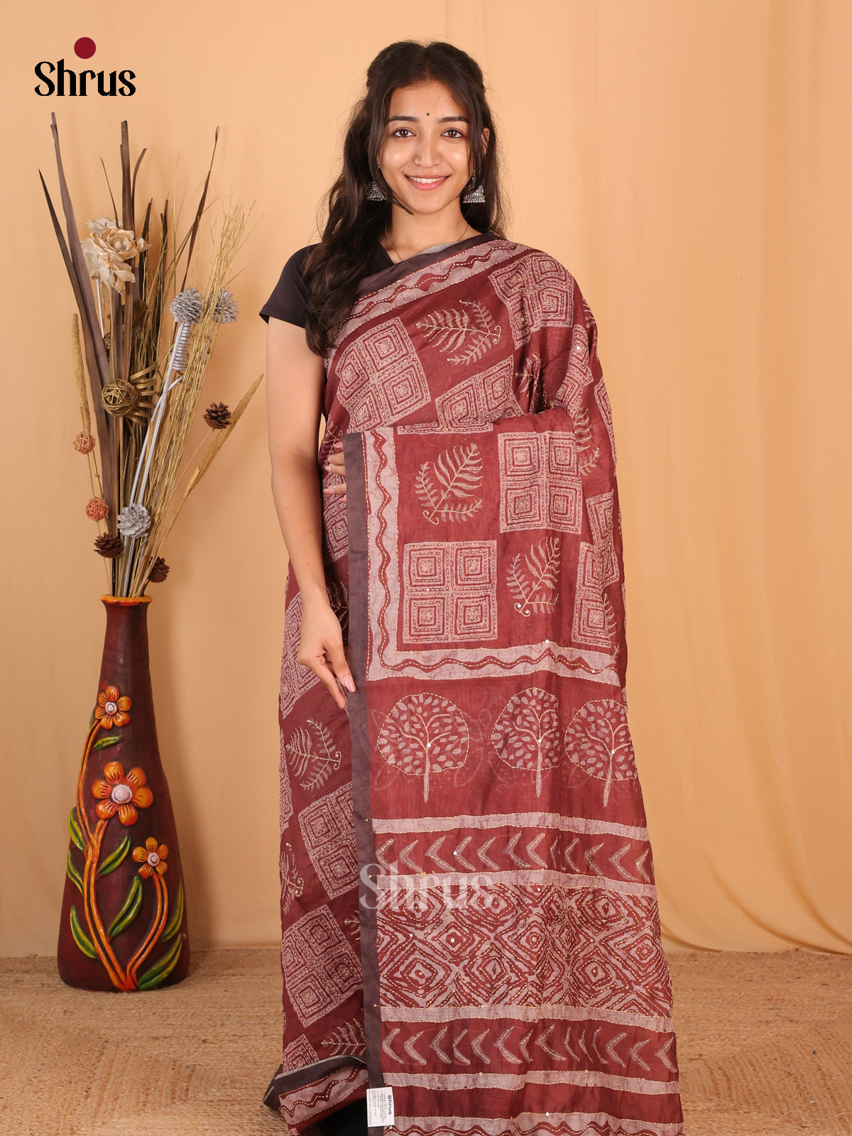Brown - Semi Kantha Saree - Shop on Shrus.com