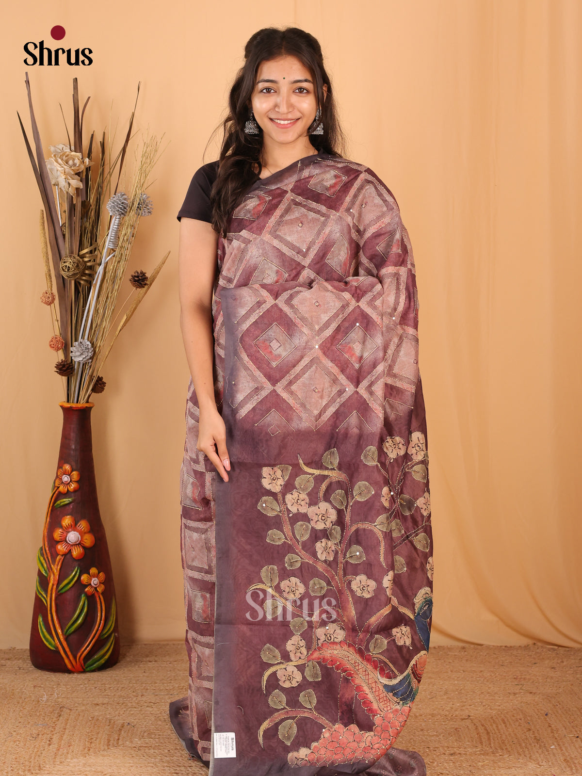 Brown - Semi Kantha Saree - Shop on Shrus.com