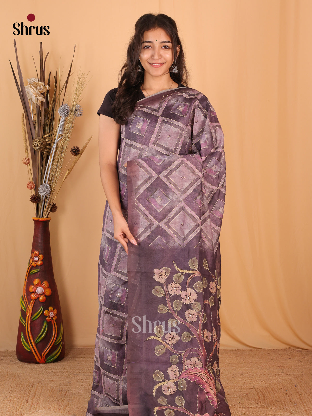 Purple - Semi Kantha Saree - Shop on Shrus.com