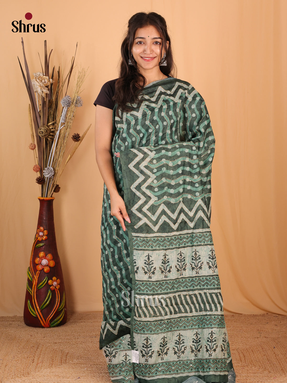 Dark Green - Semi Kantha Saree - Shop on Shrus.com