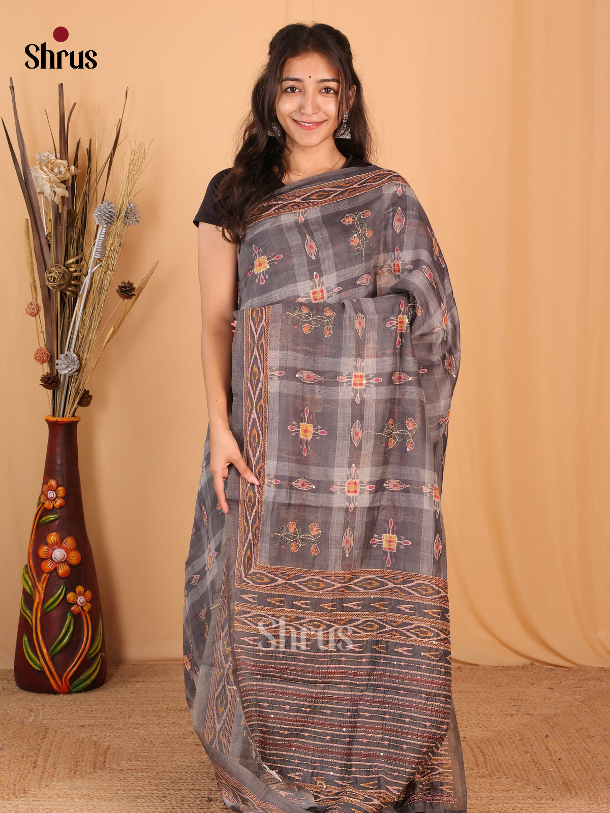 Grey - Semi Kantha Saree - Shop on Shrus.com