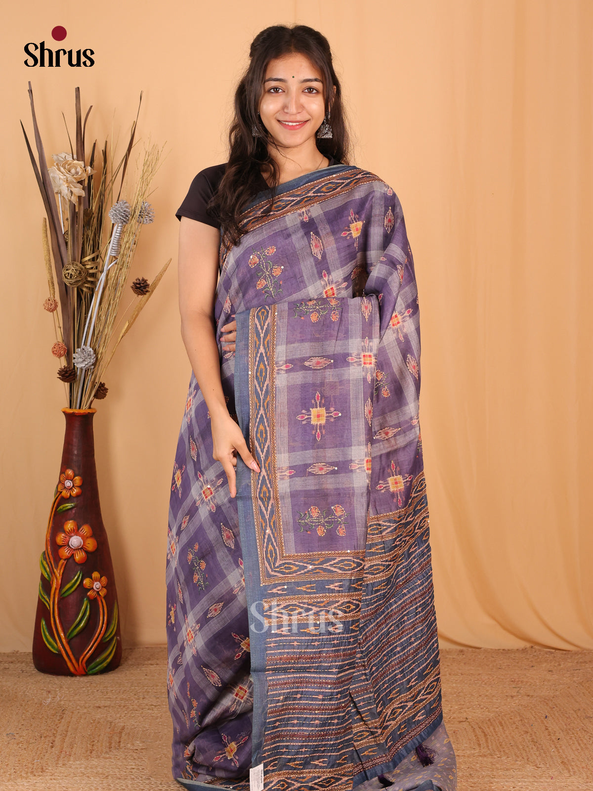 Purple & Blue - Semi Kantha Saree - Shop on Shrus.com