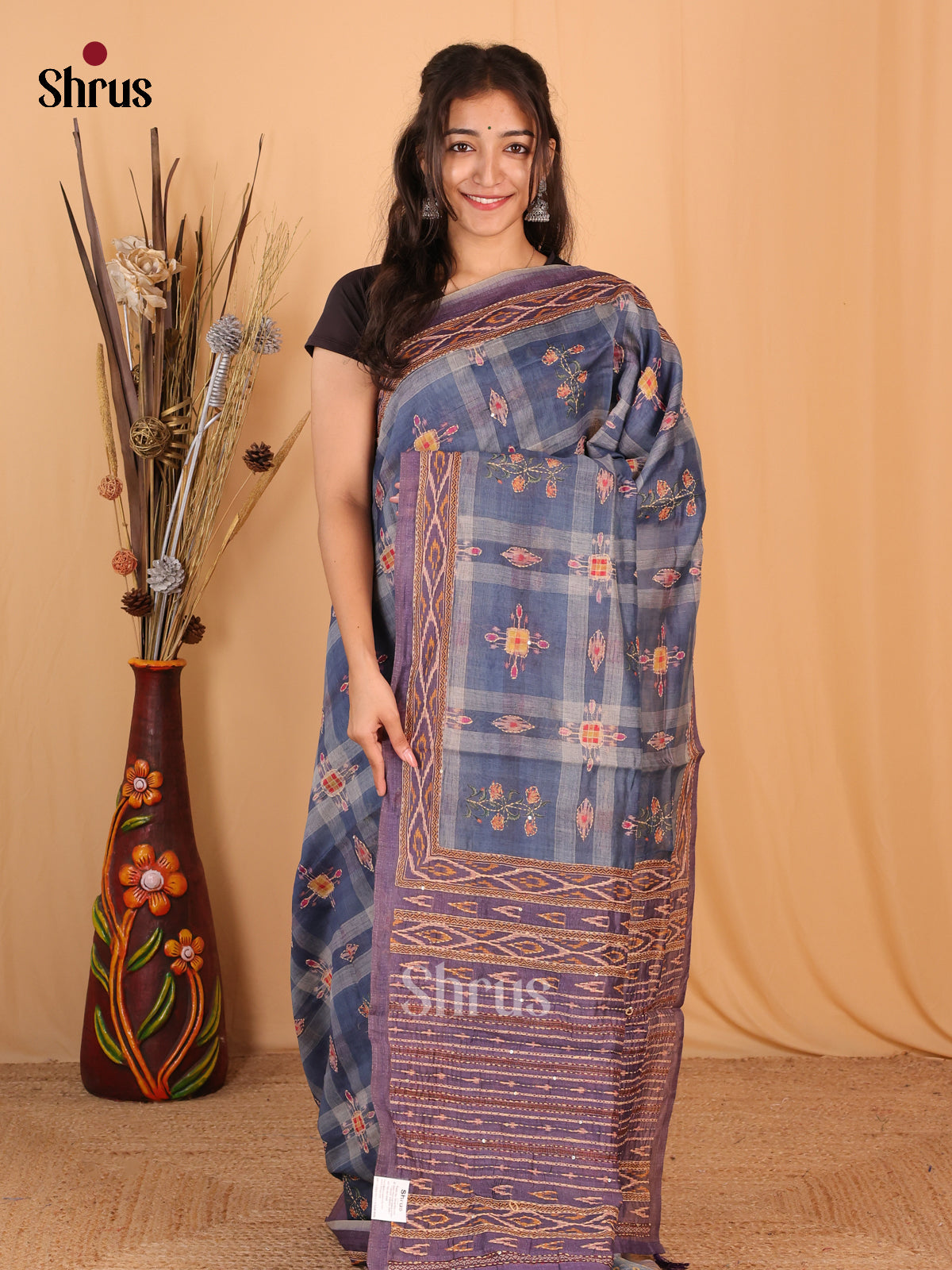 Blue & Purple - Semi Kantha Saree - Shop on Shrus.com