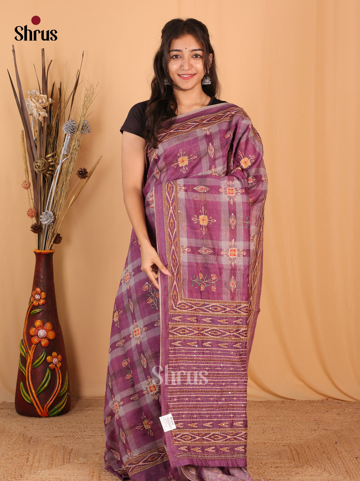 Purple & Grey - Semi Kantha Saree - Shop on Shrus.com