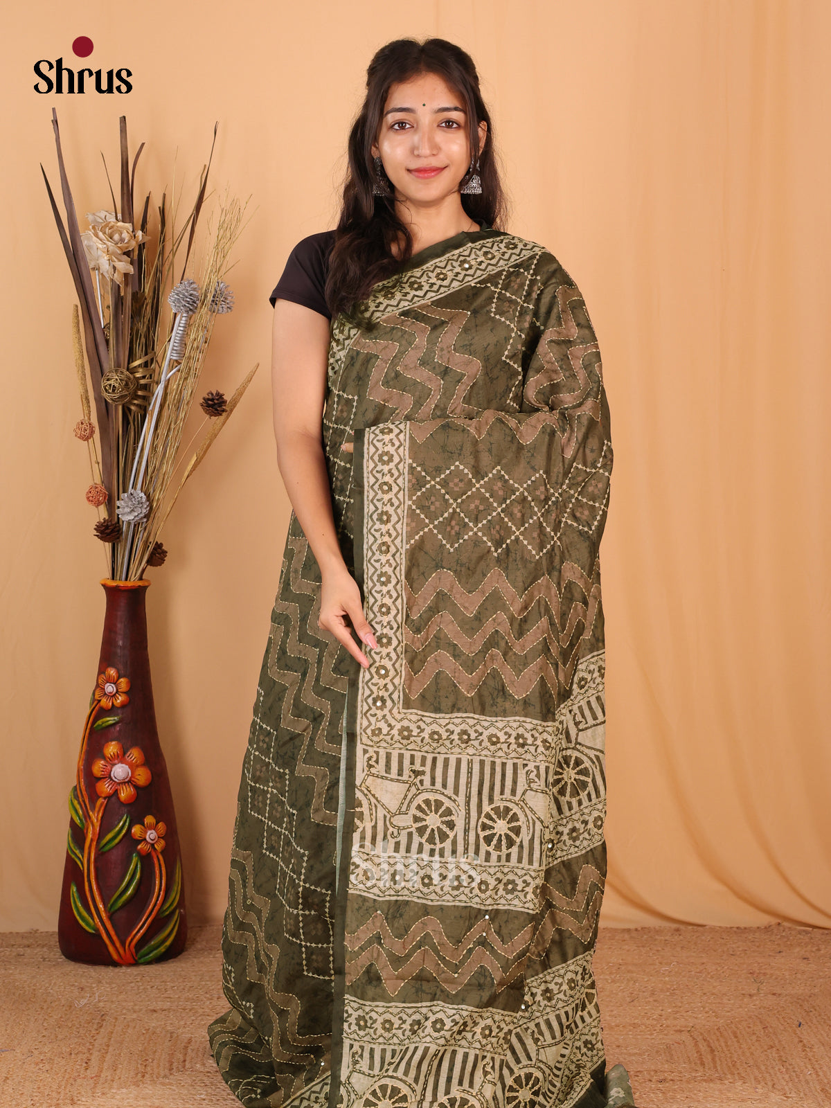 Green - Semi Kantha Saree - Shop on Shrus.com