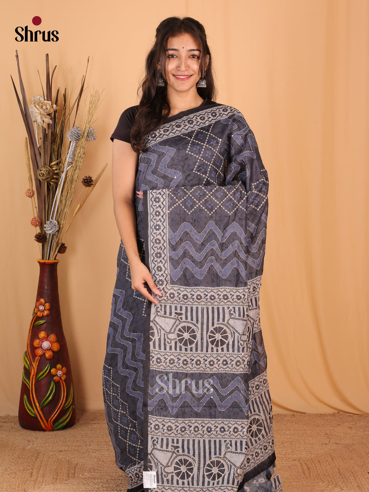 Black & Blue - Semi Kantha Saree - Shop on Shrus.com