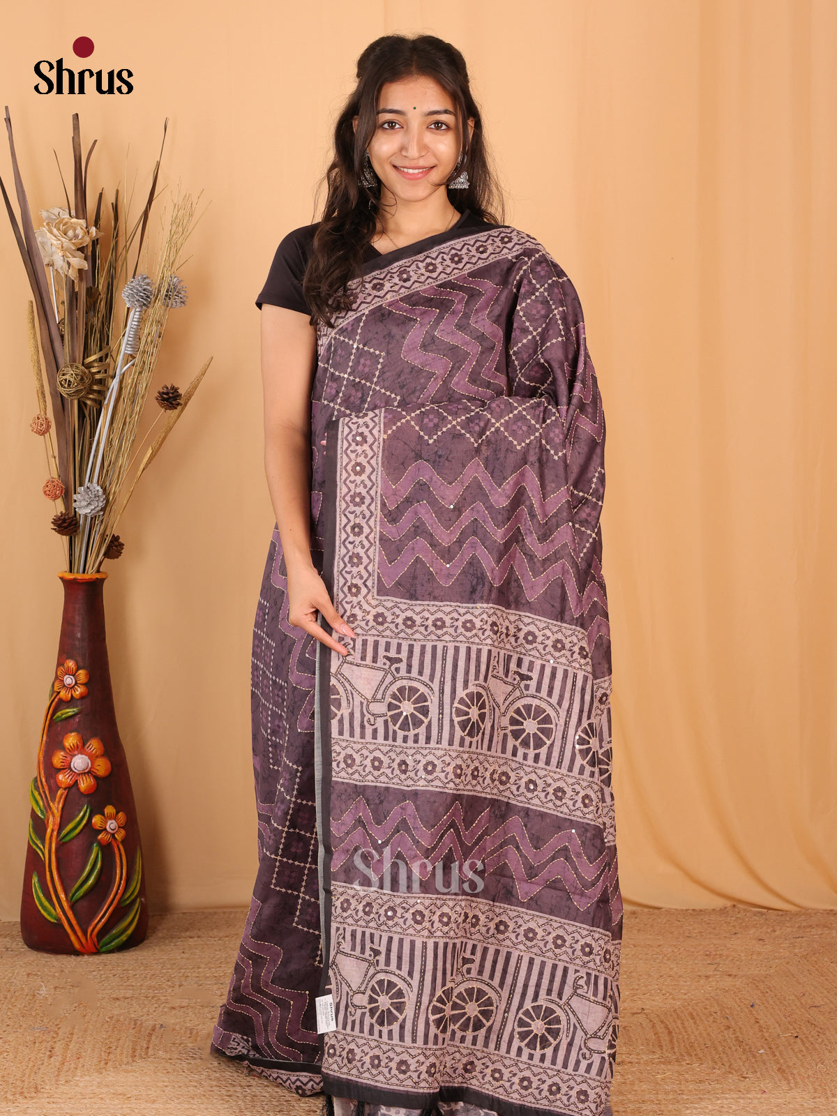 Purple- Semi Kantha Saree - Shop on Shrus.com