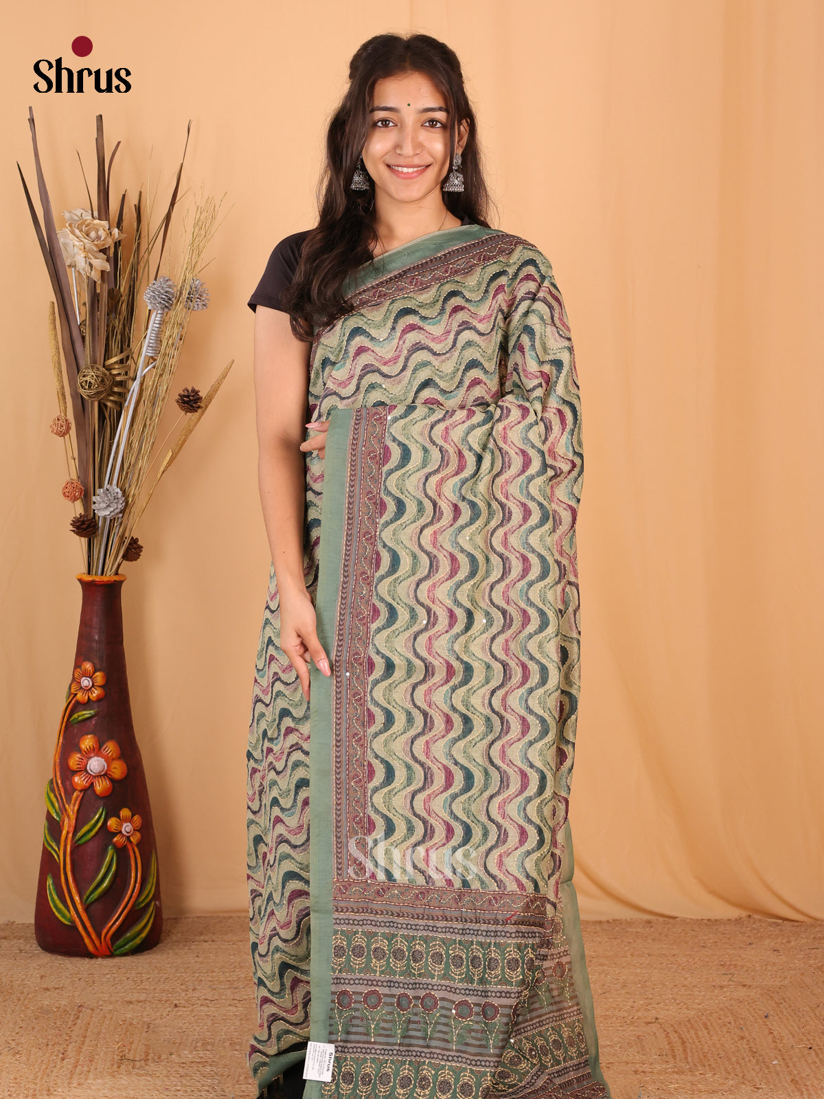 Pastel Green - Semi Kantha Saree - Shop on Shrus.com