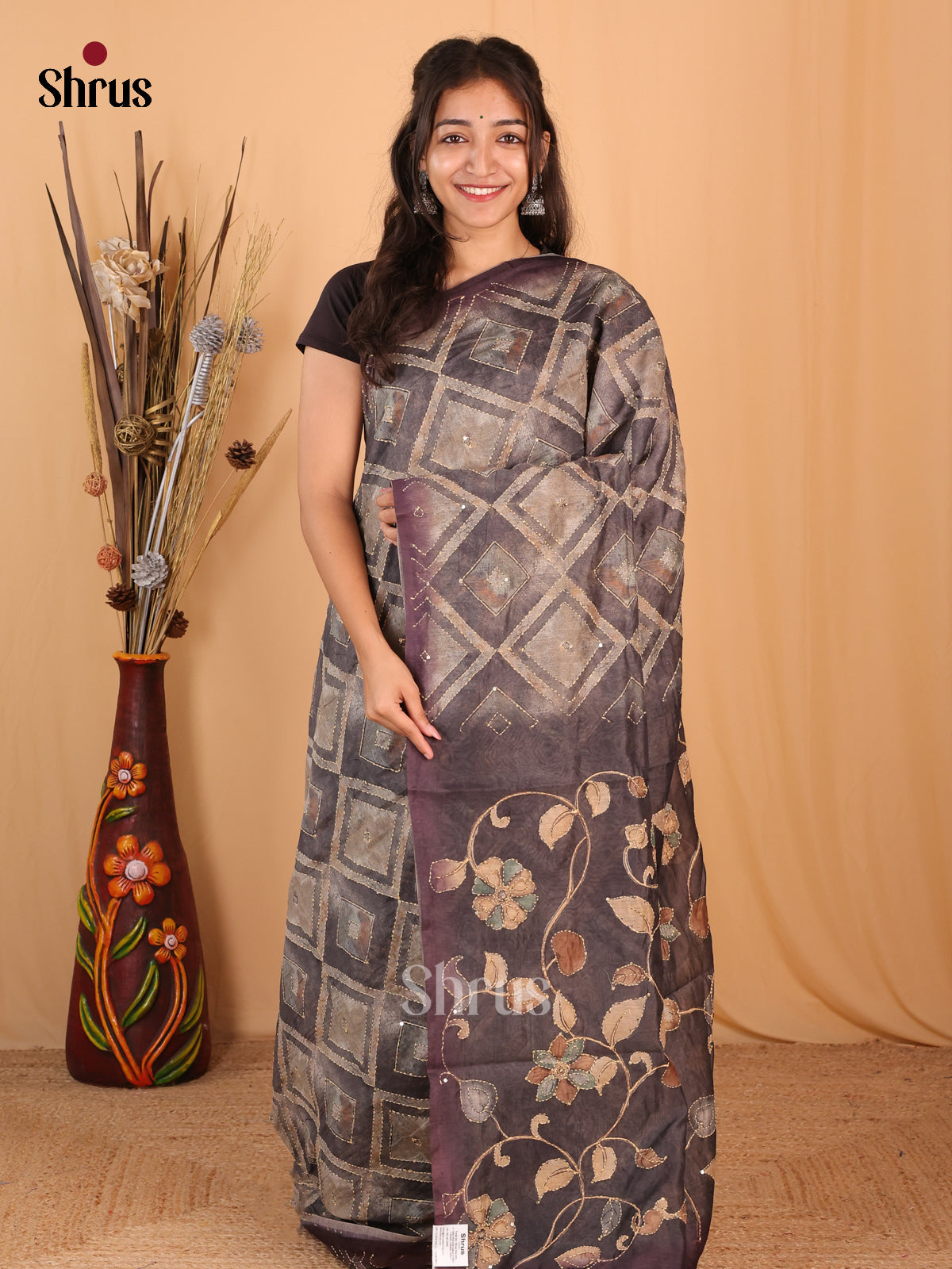 Grey & Dark Purple - Semi Kantha Saree - Shop on Shrus.com