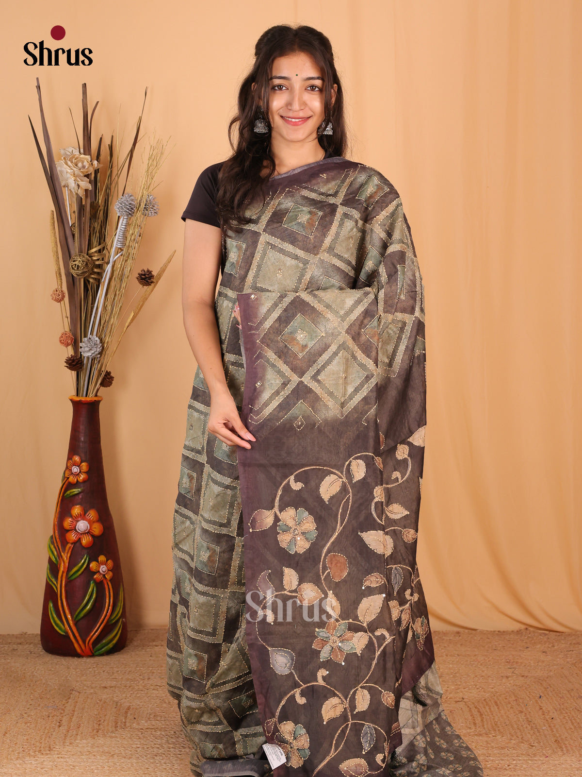Green & Brown - Semi Kantha Saree - Shop on Shrus.com